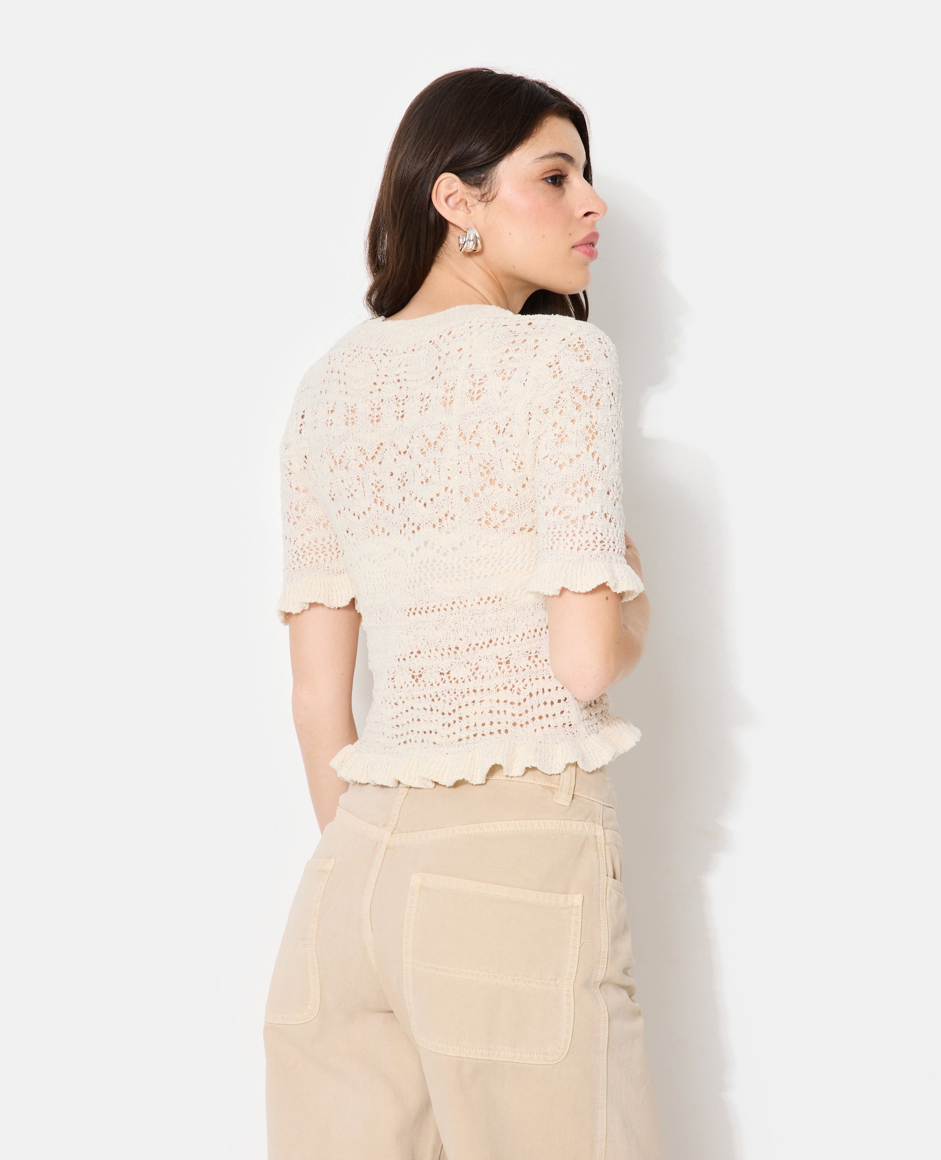 Pull manches courtes en maille ajourée