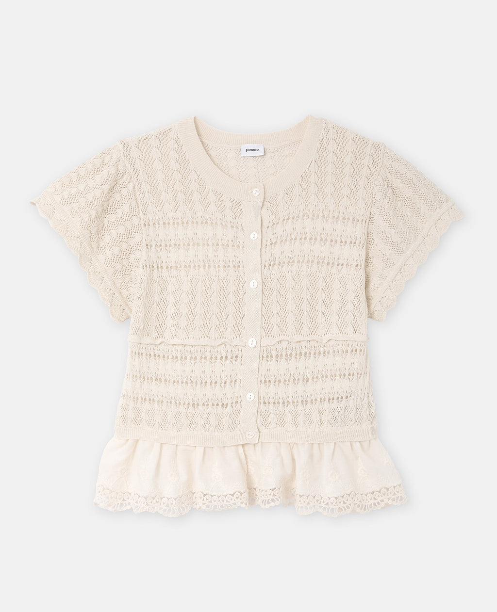 Gilet manches courtes en maille ajourée et dentelle