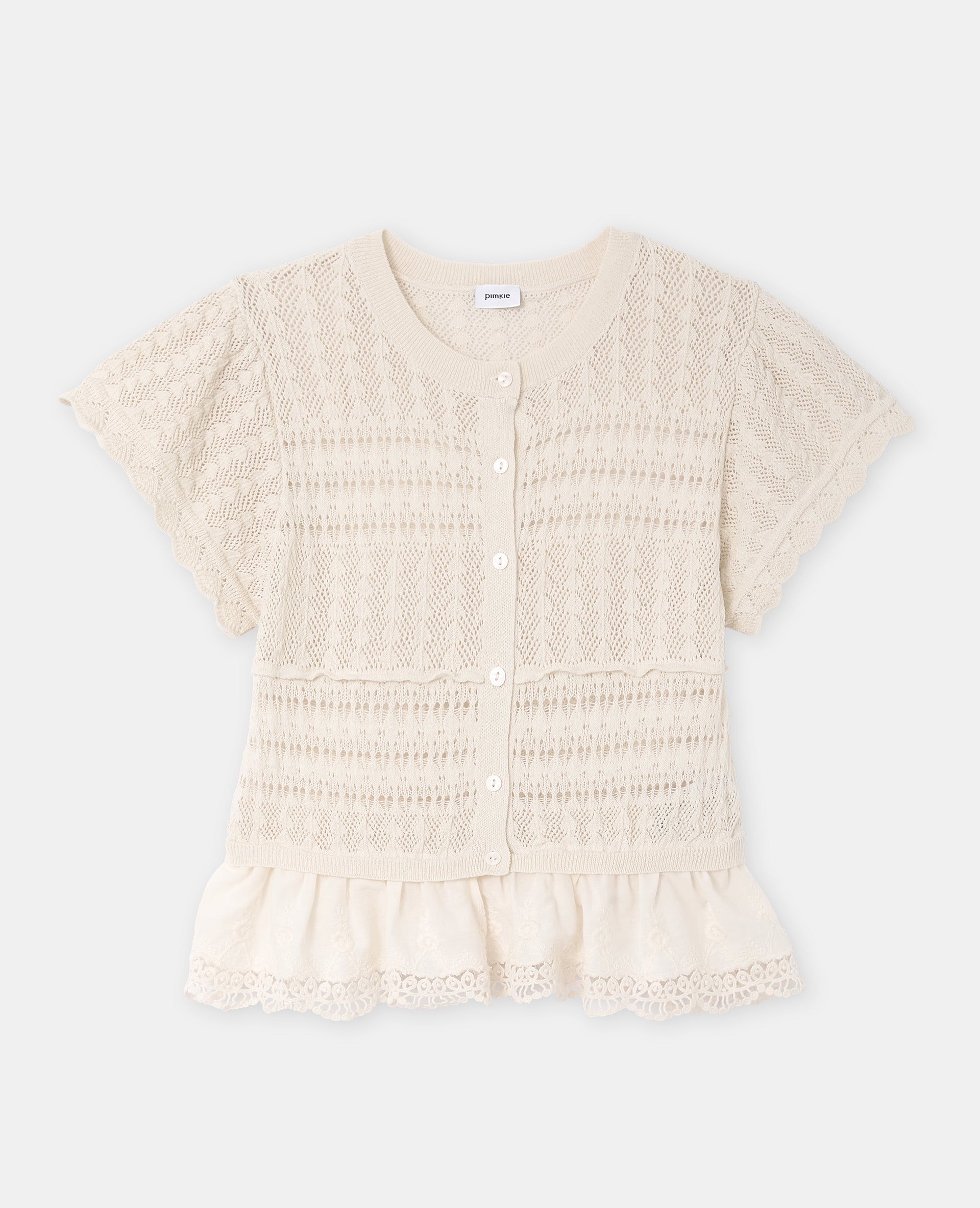 Gilet manches courtes en maille ajourée et dentelle