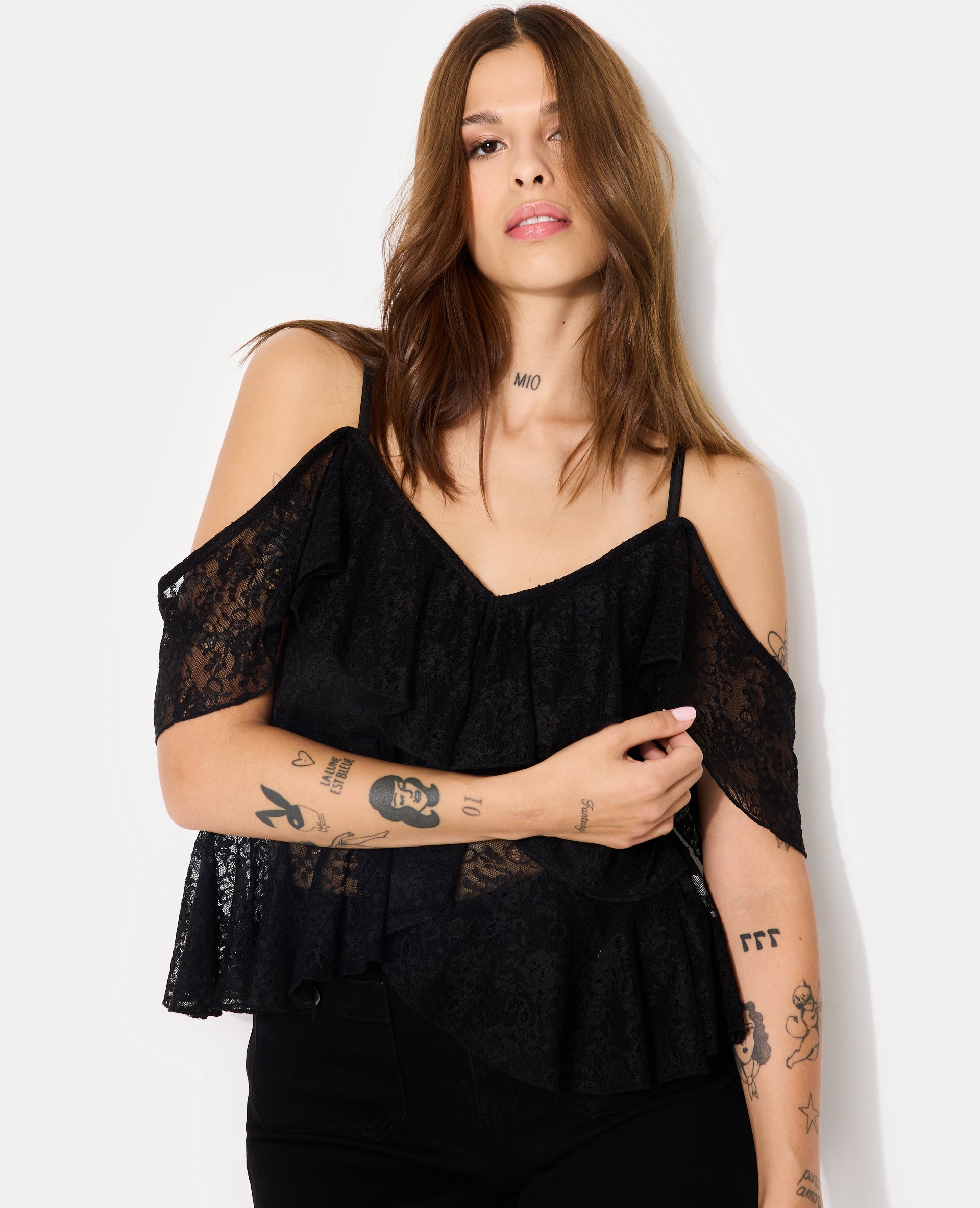 Top à bretelles en dentelle avec volants