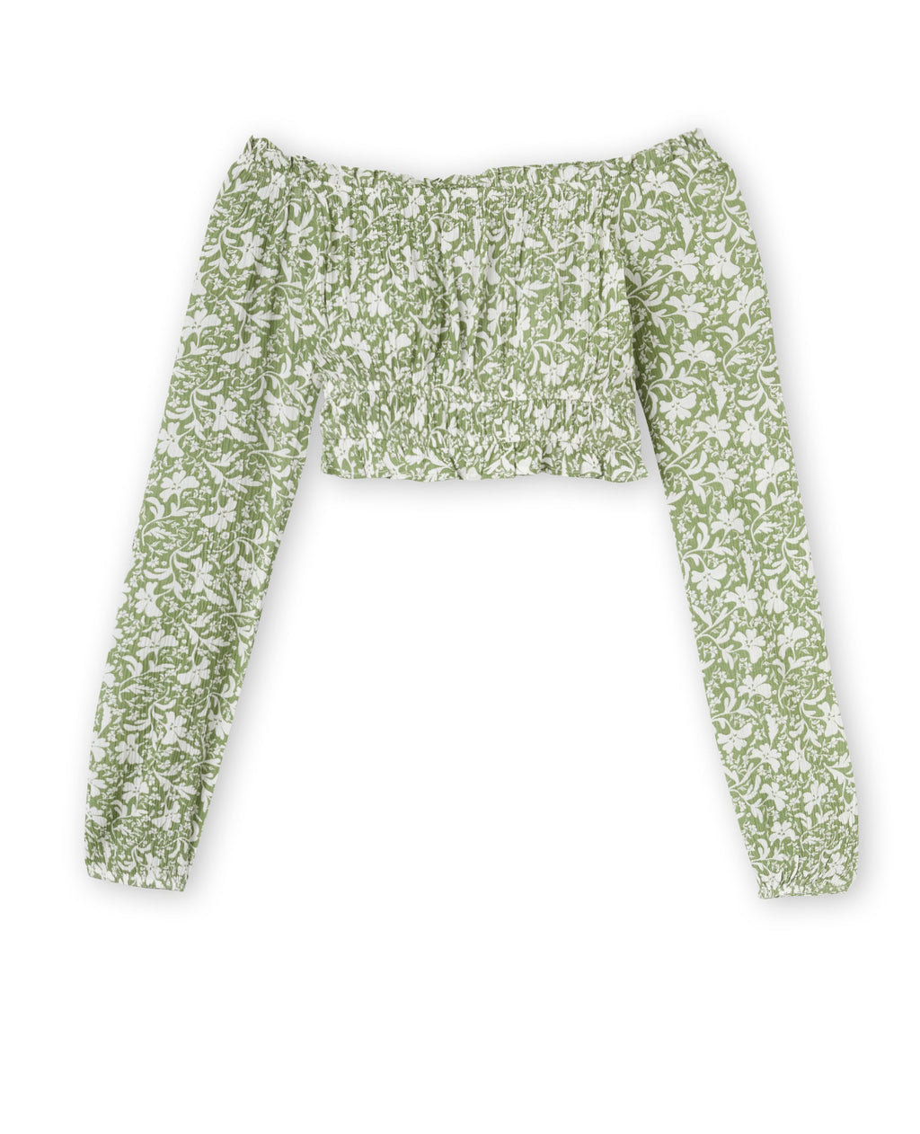 Blouse courte encolure Bardot motif fleurs
