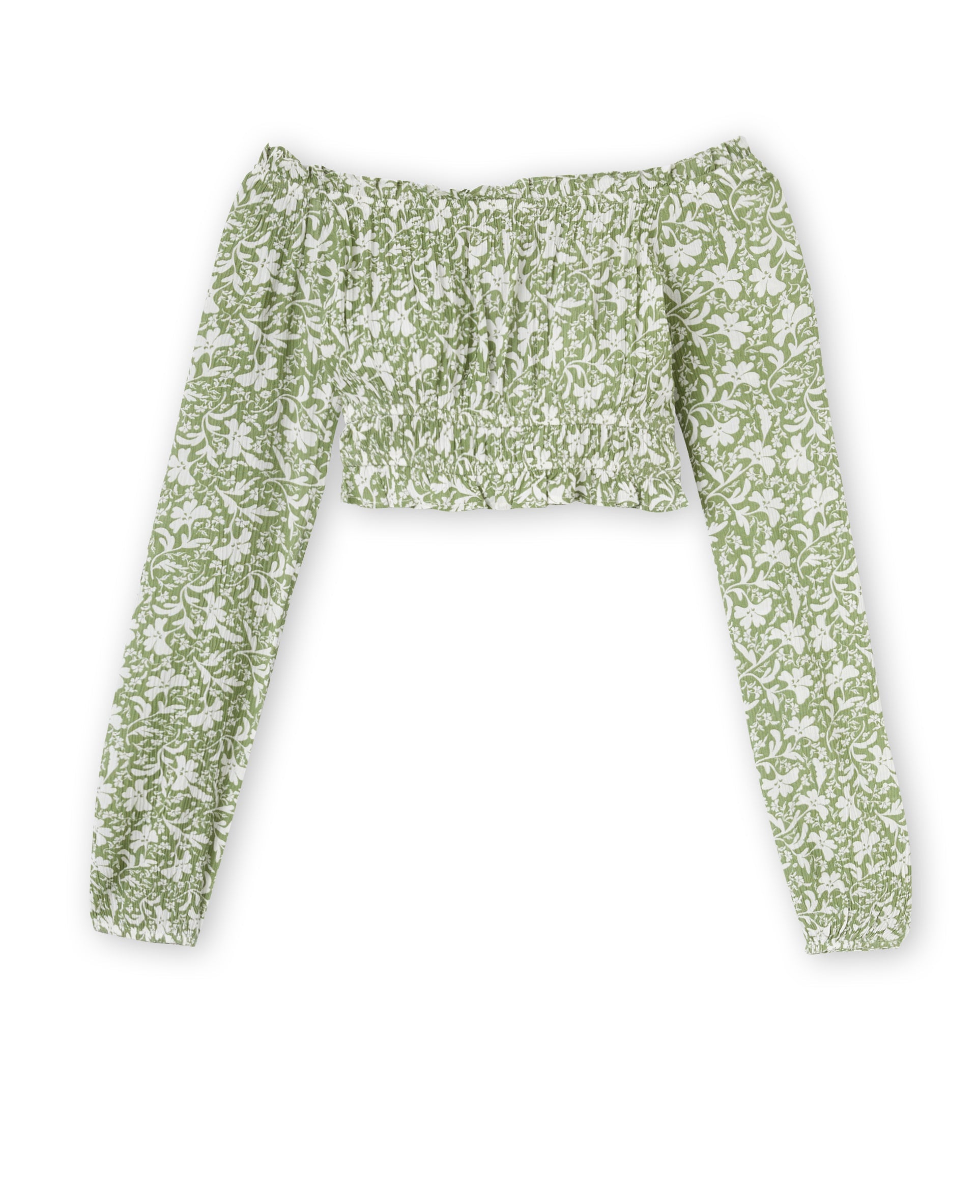 Blouse courte encolure Bardot motif fleurs