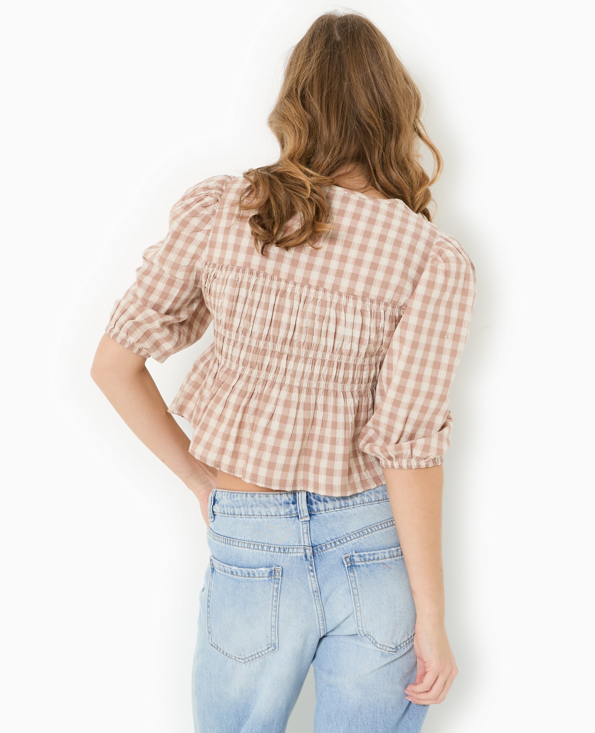 Blouse avec smocks et nouettes motif vichy