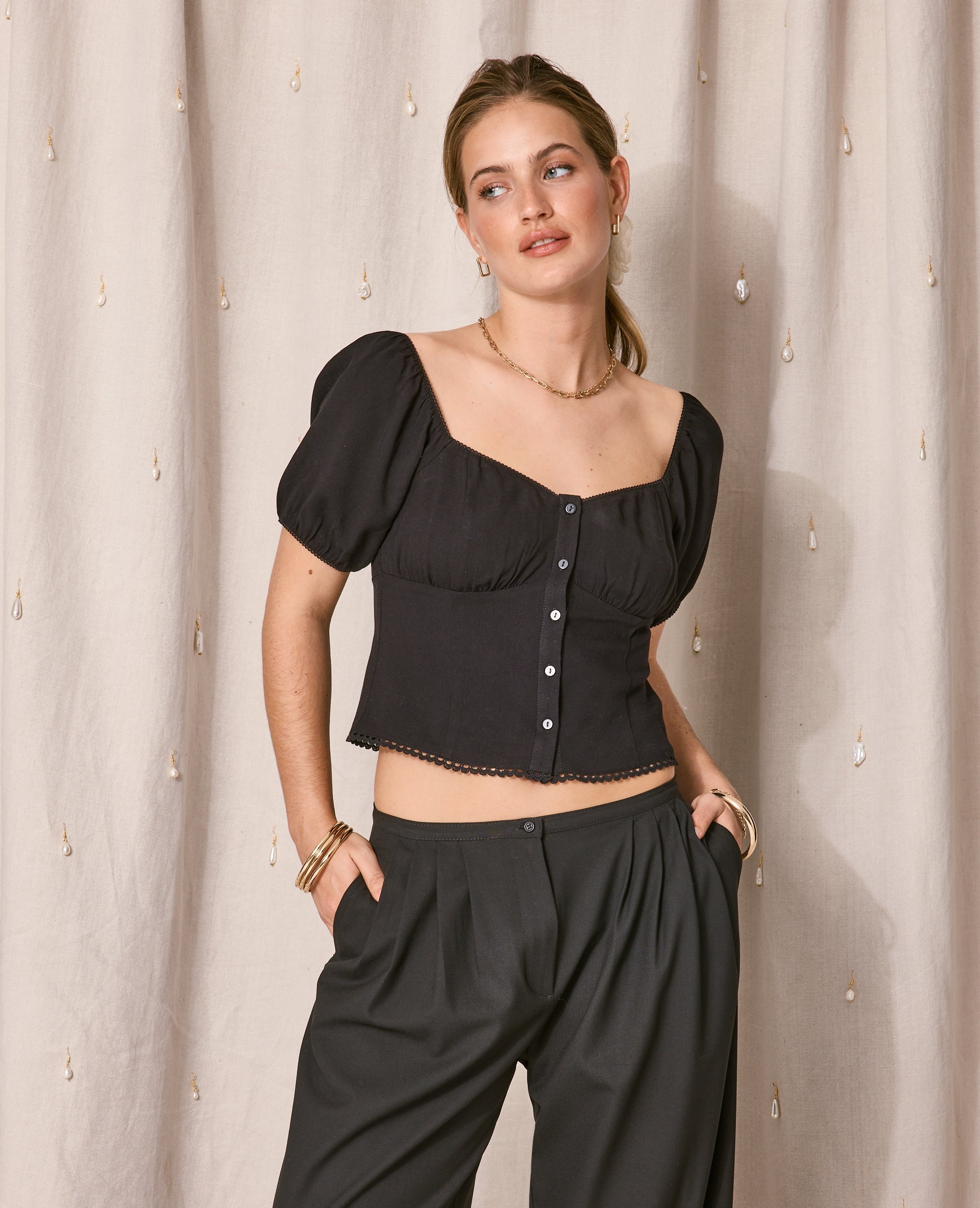 Blouse manches ballons avec finitions croquet
