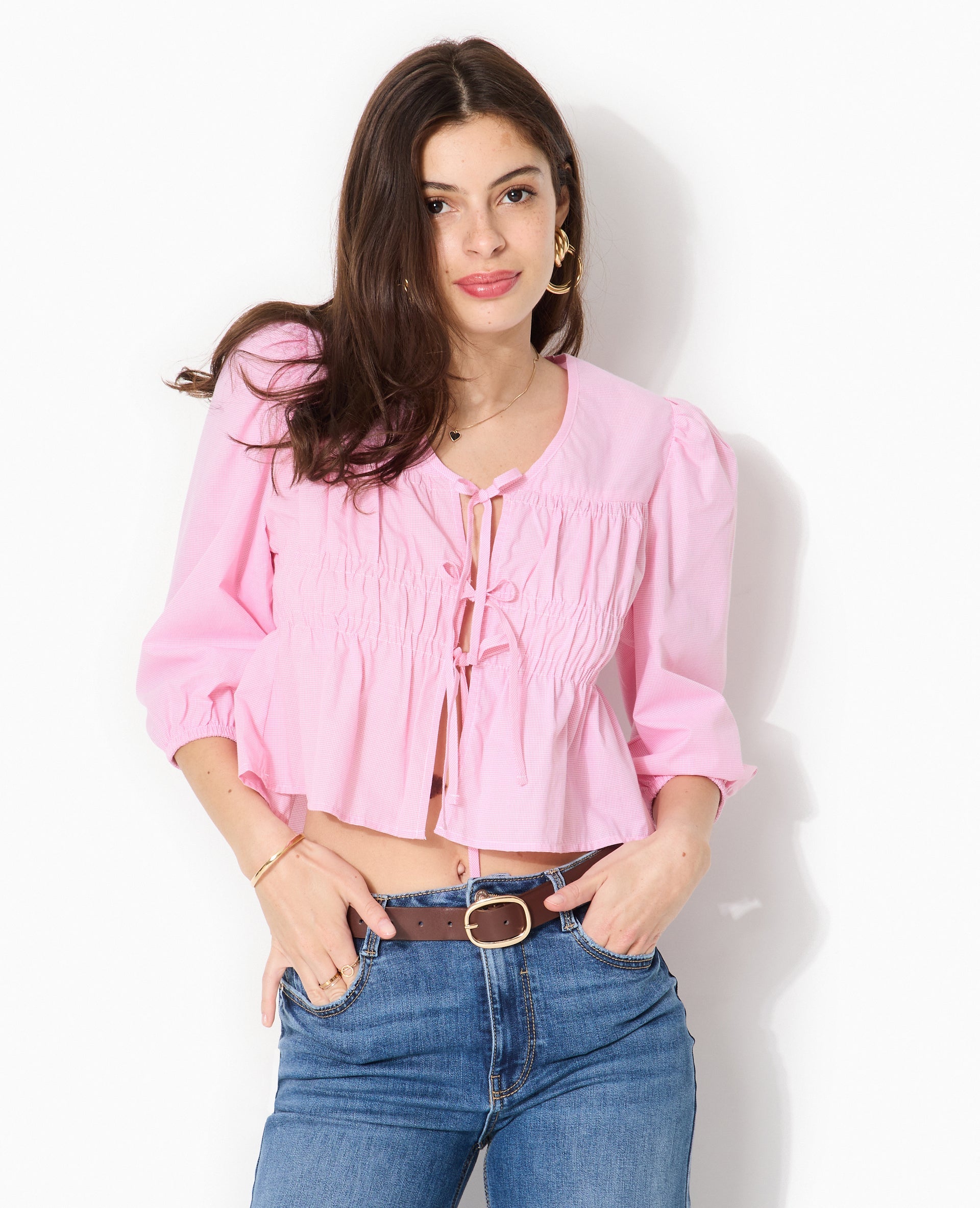 Blouse avec nouettes motif mini-vichy