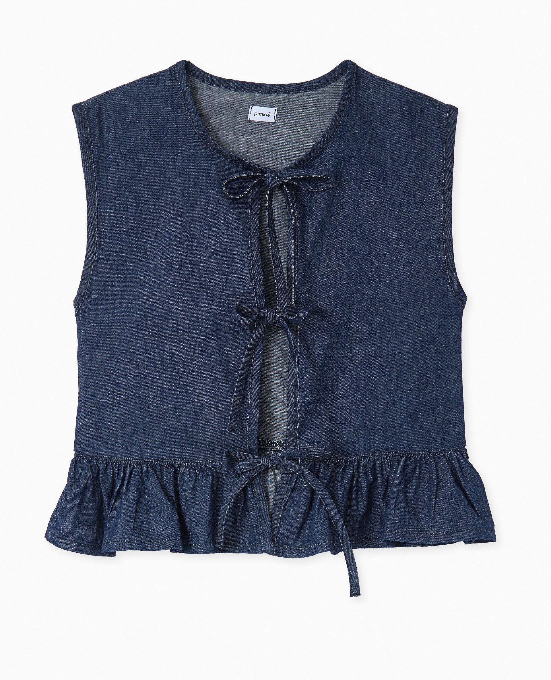 Blouse en jean sans manches avec volant et nouettes