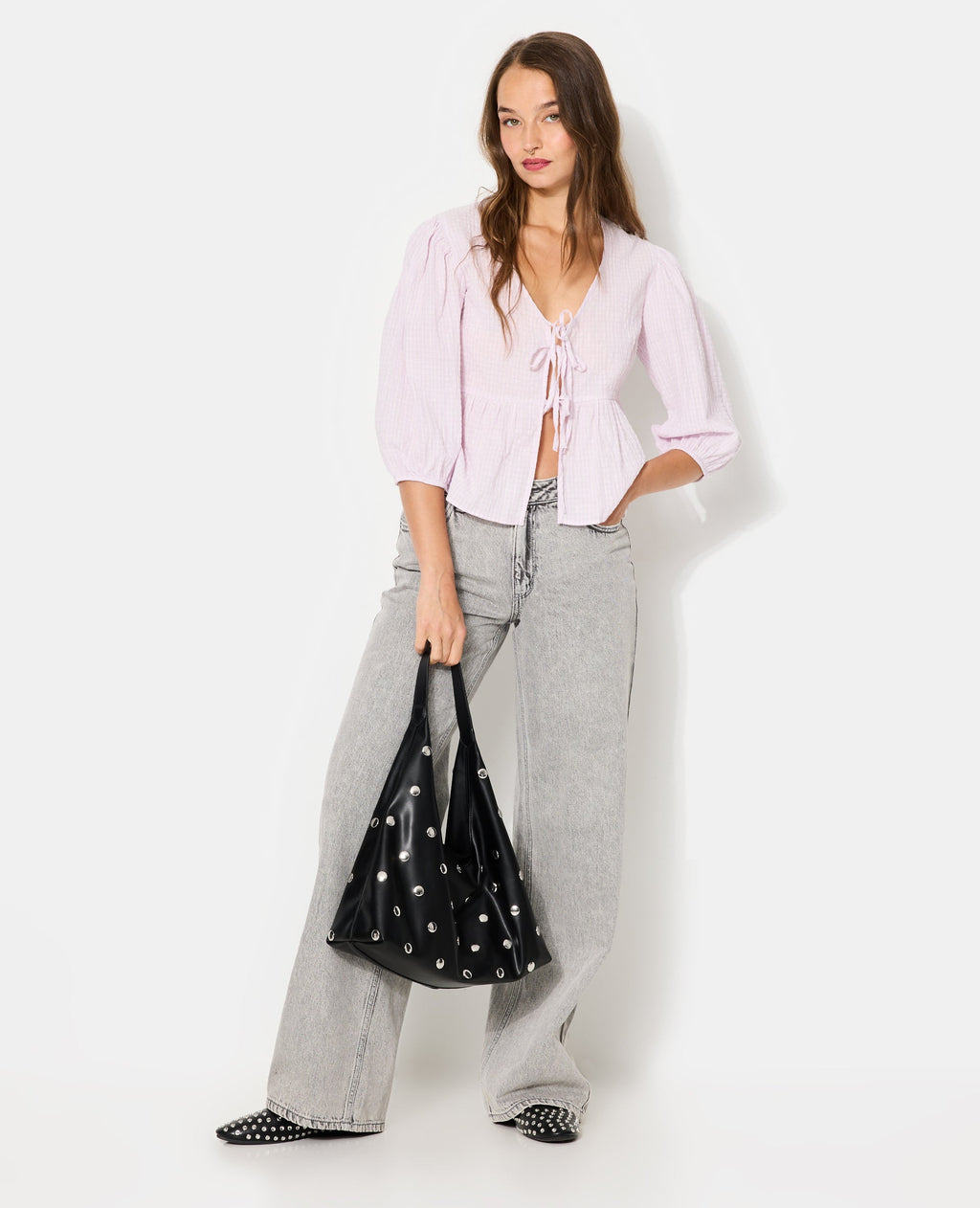 Blouse rayée avec nouettes et manches ballons