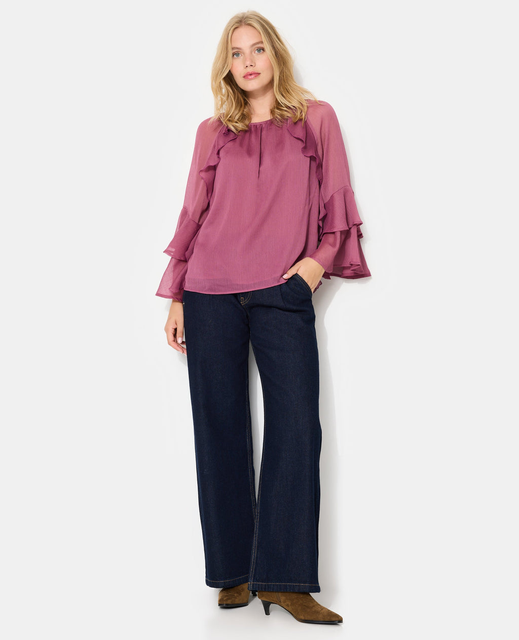Blouse encolure Bardot en voile avec volants