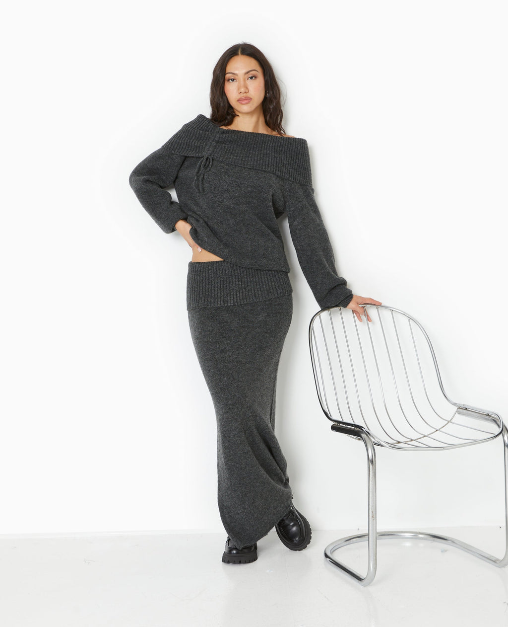 Jupe longue en maille avec ceinture revers