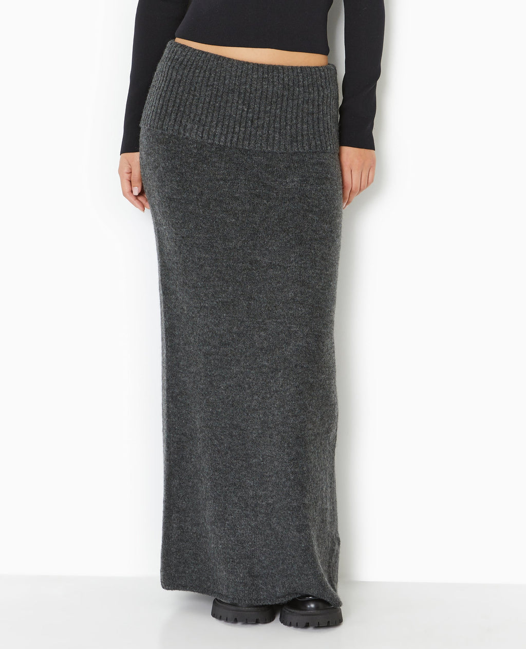 Jupe longue en maille avec ceinture revers