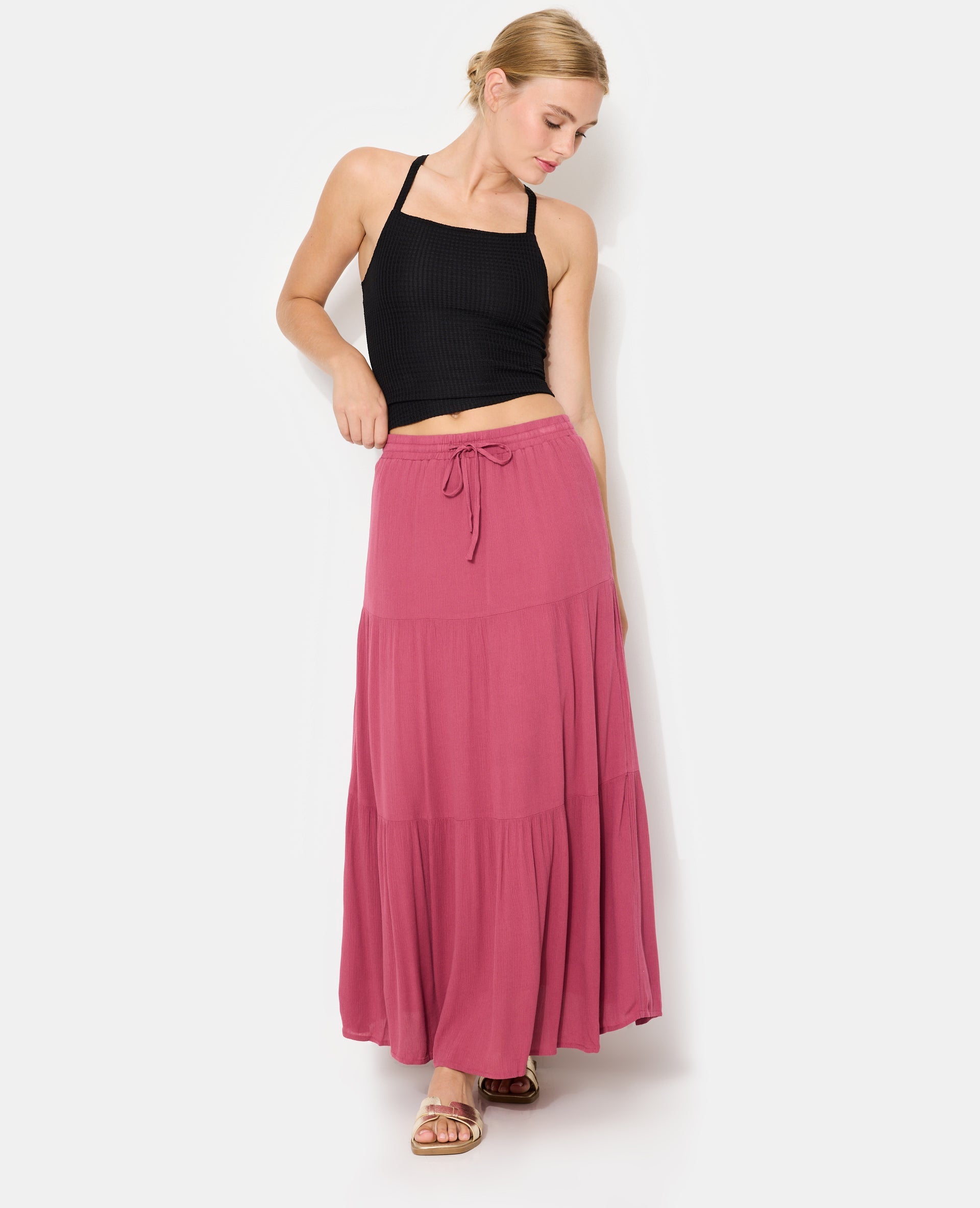 Jupon long à étages avec ceinture élastiquée