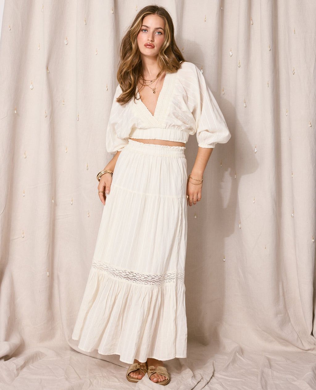 Jupe longue volants avec lurex et macramé