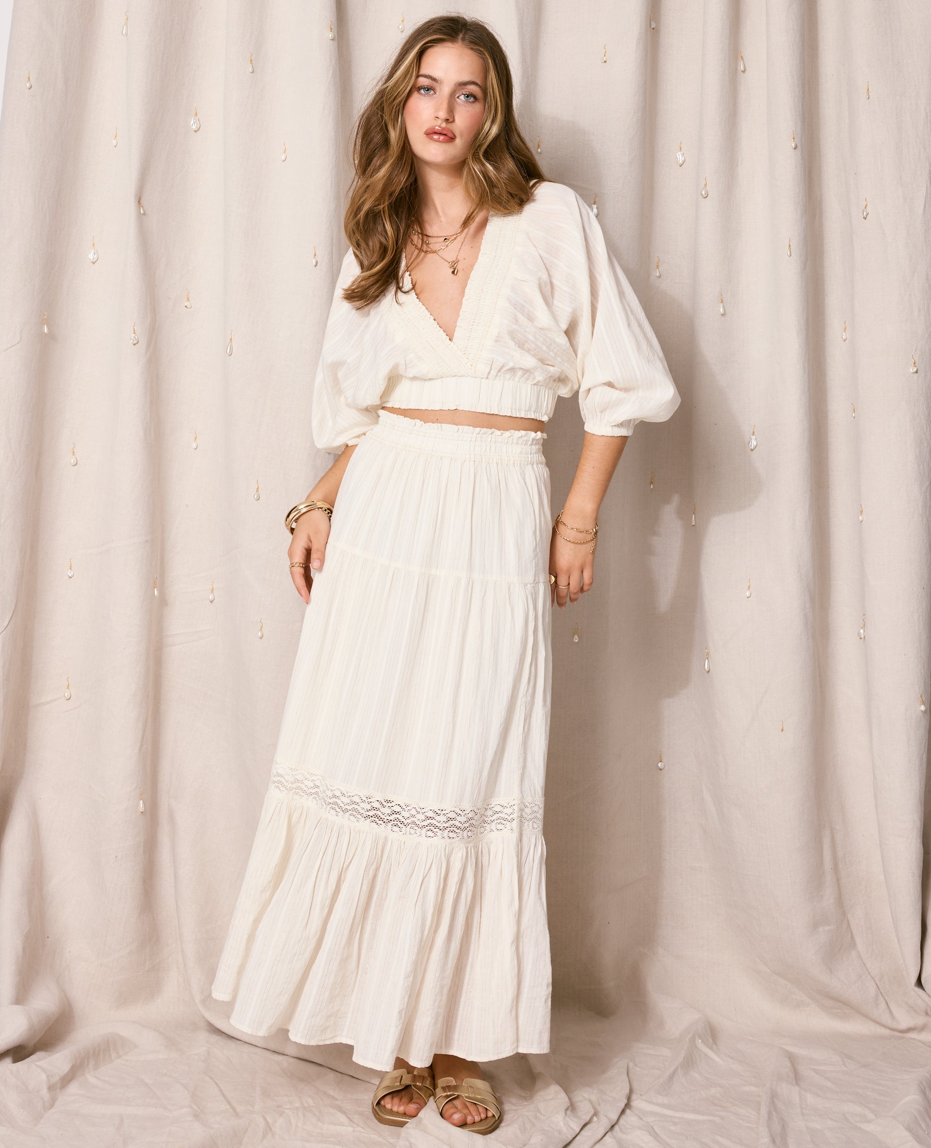 Jupe longue volants avec lurex et macramé