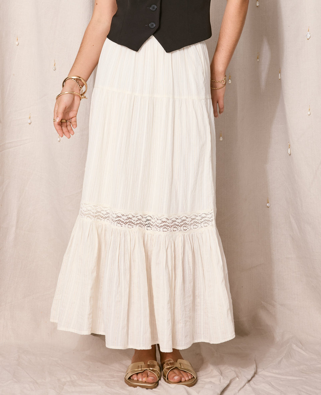 Jupe longue volants avec lurex et macramé
