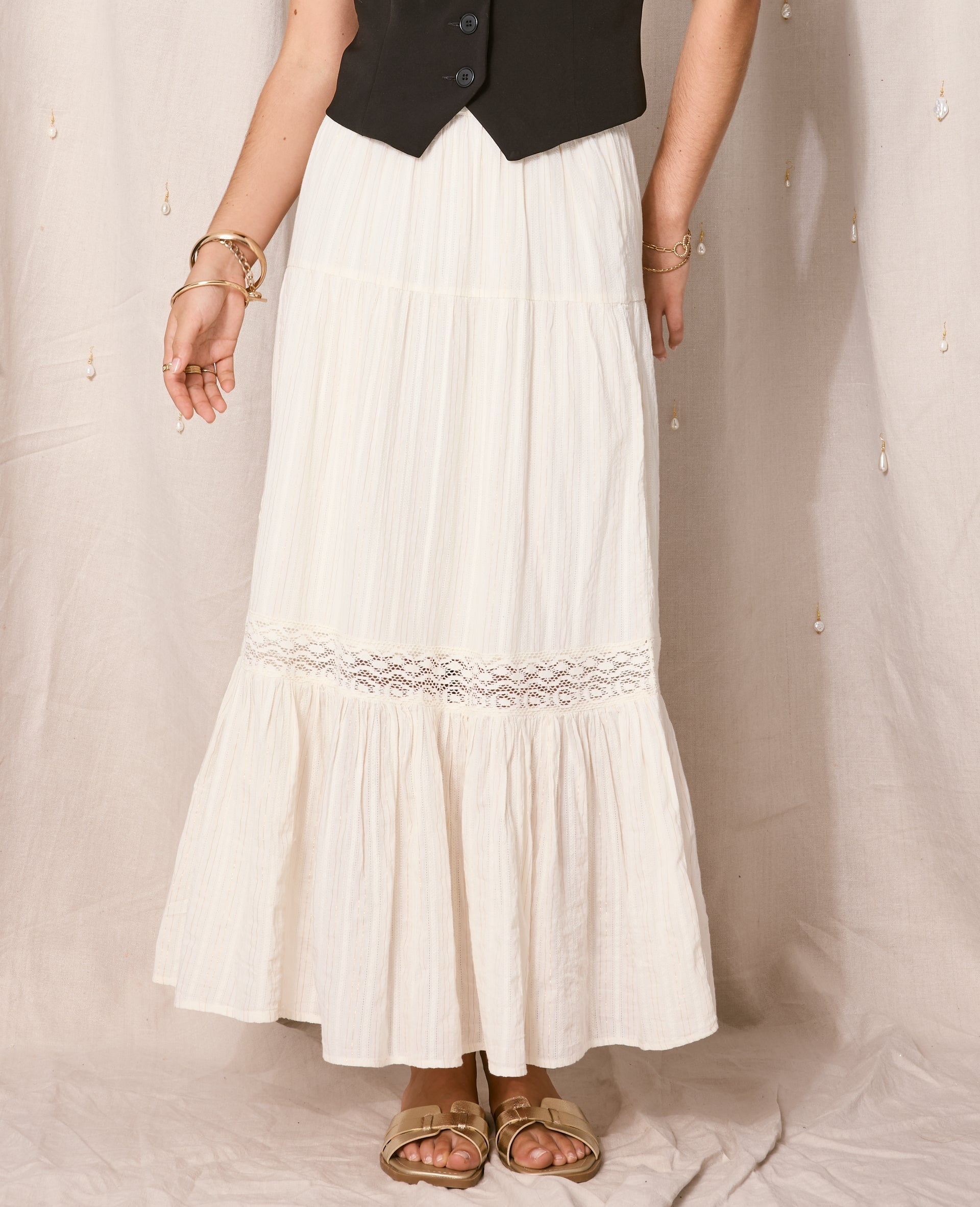 Jupe longue volants avec lurex et macramé