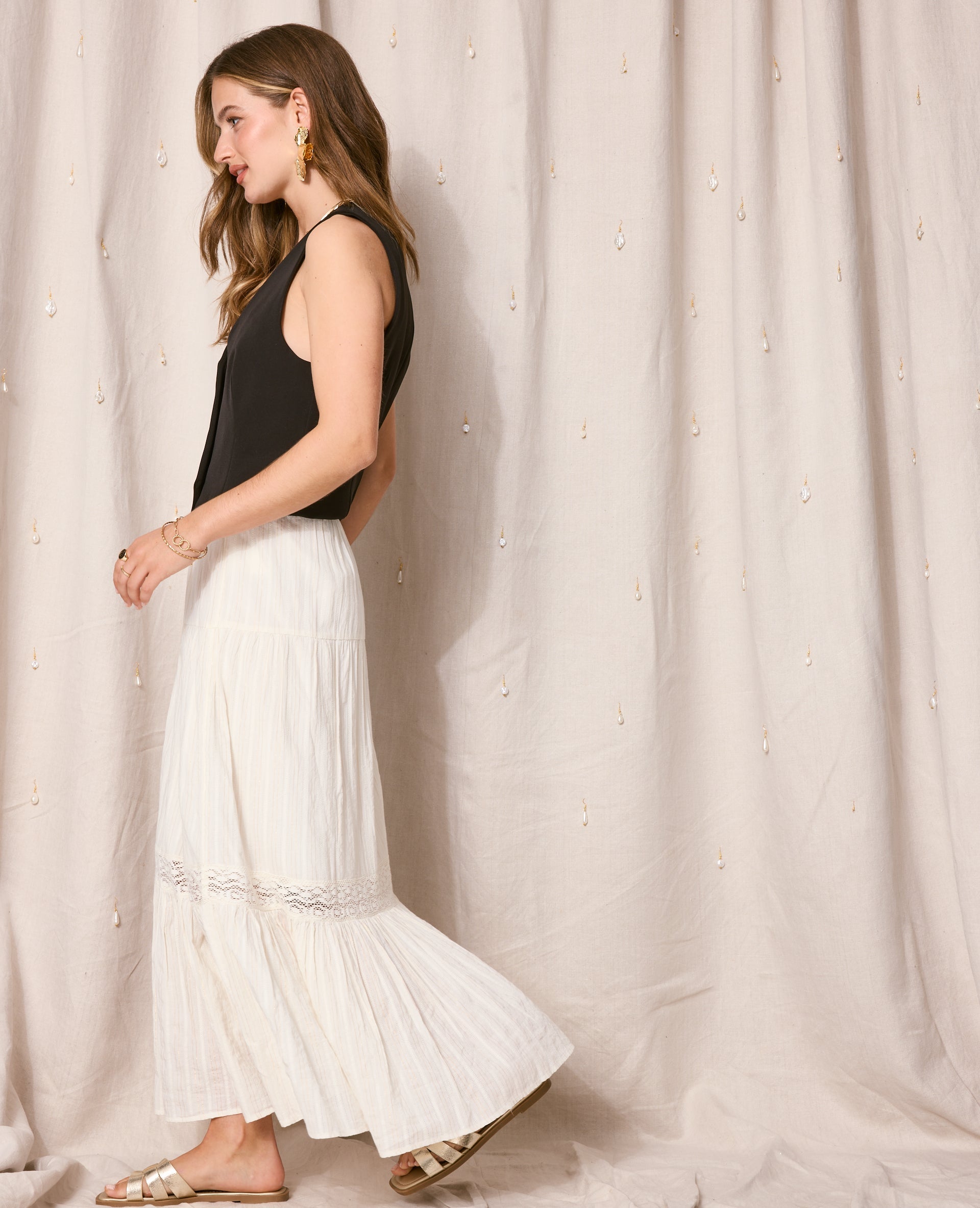 Jupe longue volants avec lurex et macramé