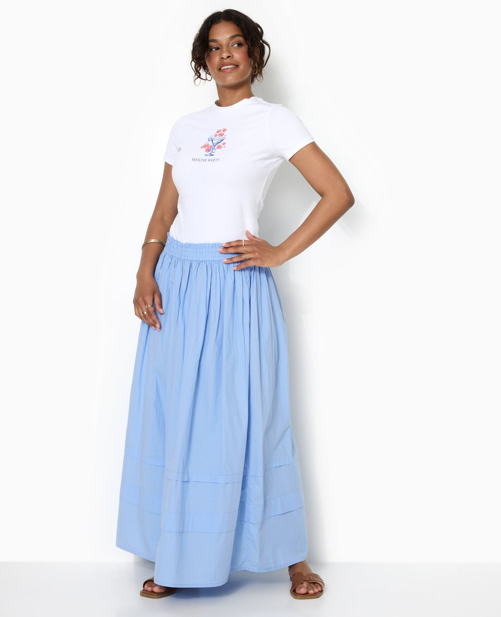 Jupe longue en popeline avec ceinture élastiquée