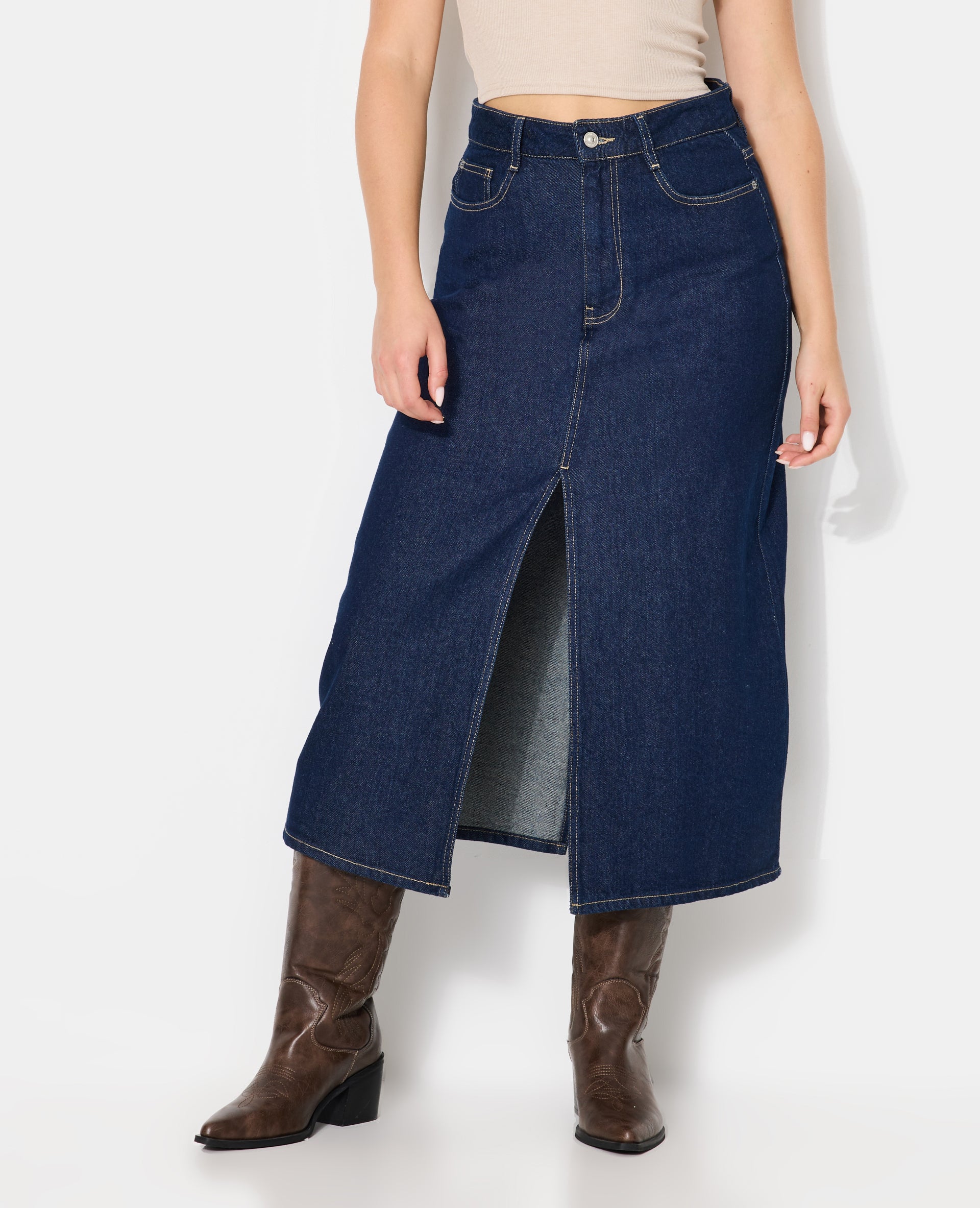 Jupe longue en jean avec fentes devant et dos