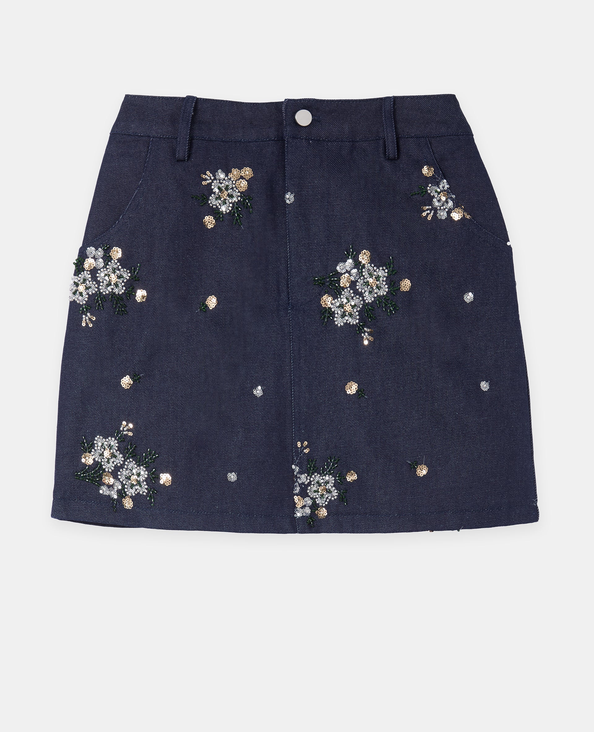 Jupe mini en jean avec fleurs en sequins