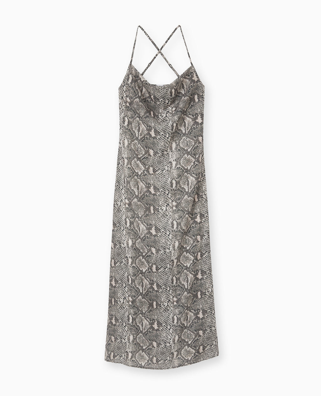 Robe longue à bretelles col bénitier motif python