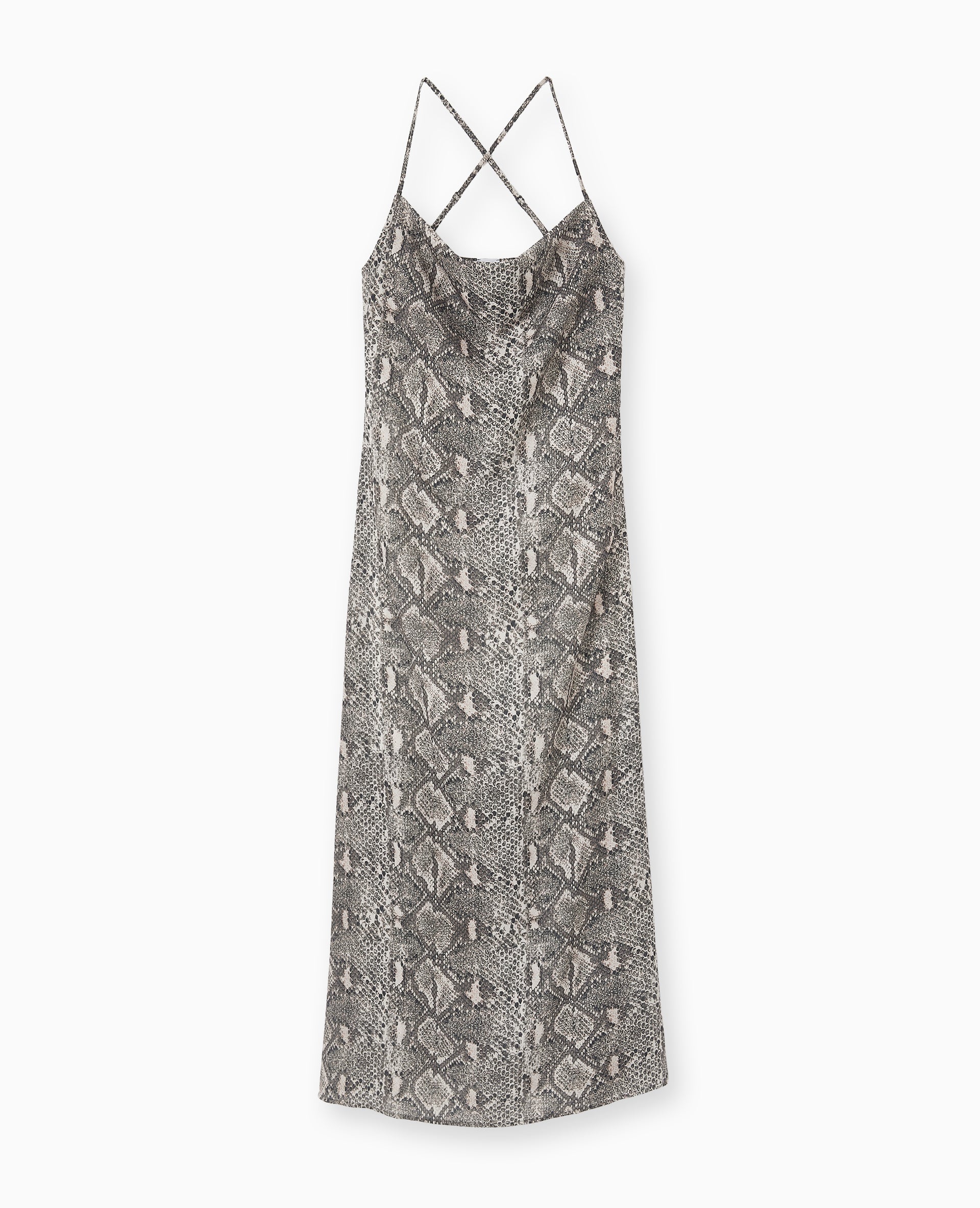 Robe longue à bretelles col bénitier motif python