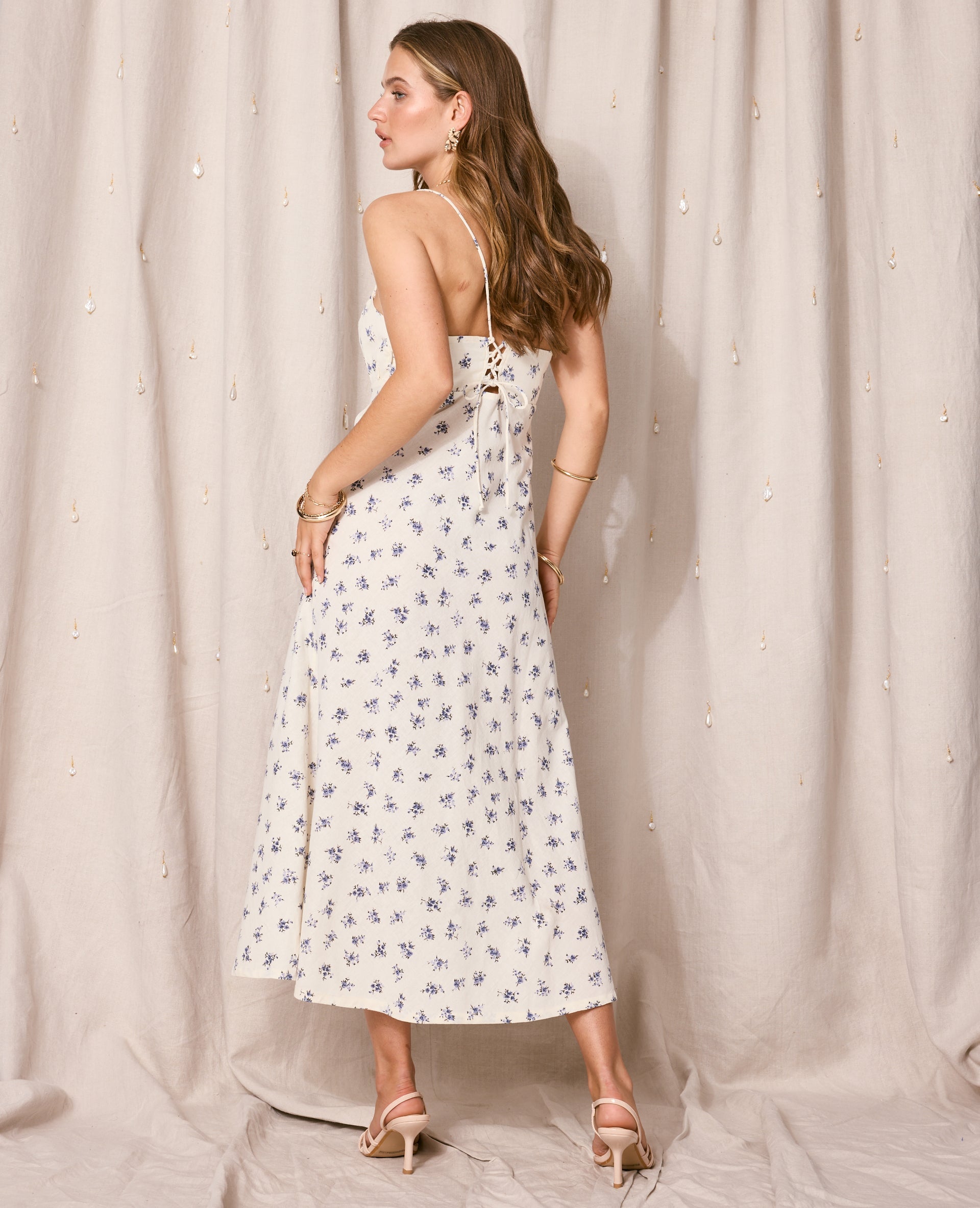 Robe longue avec lin motif fleurs