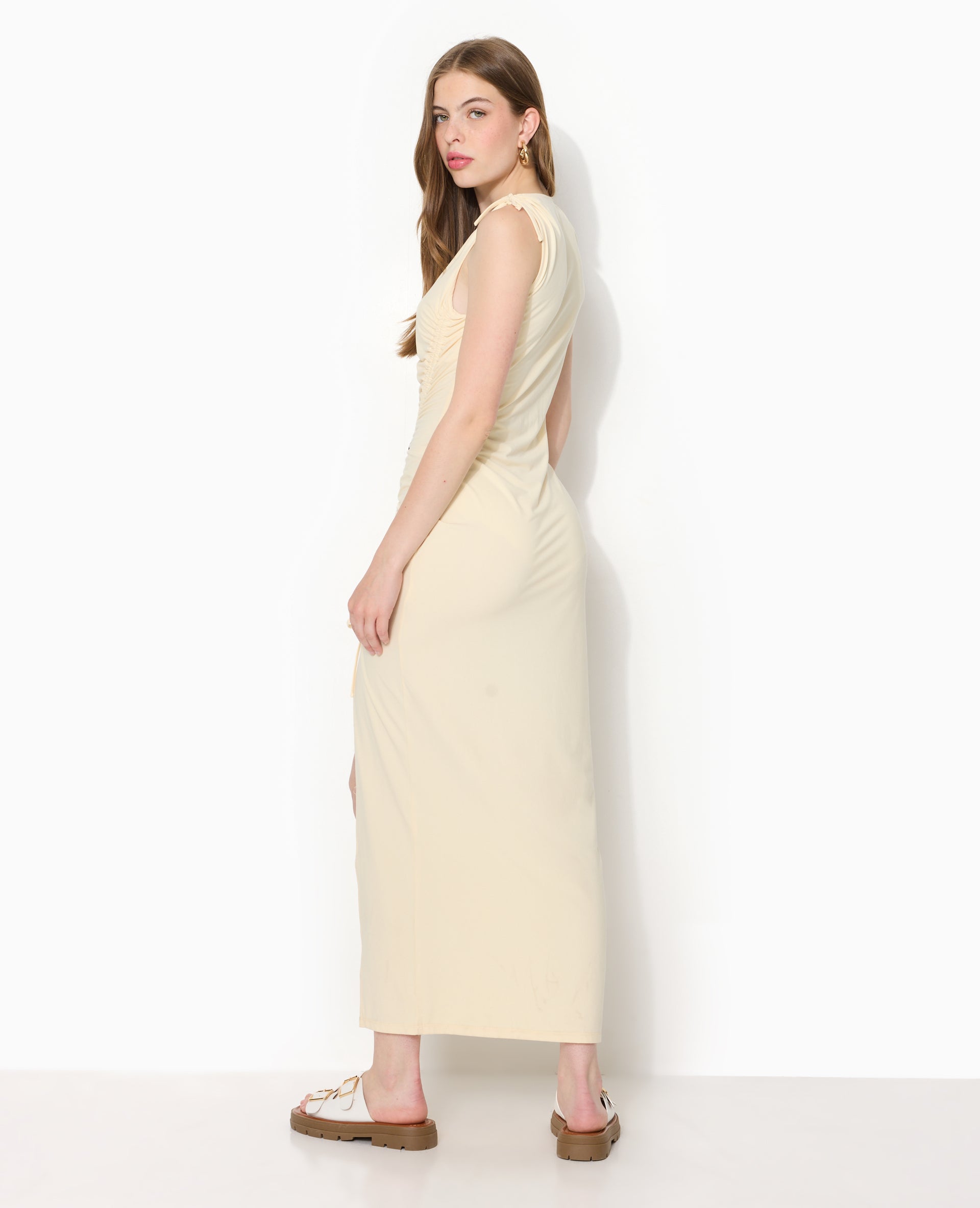 Robe longue avec liens coulissés et fronces