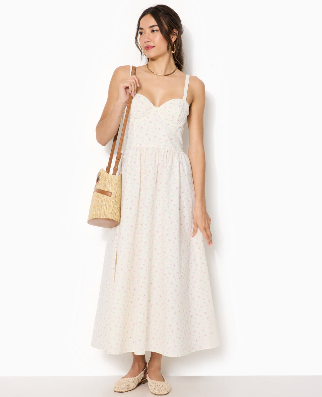 Robe longue encolure balconnet motif fleurs