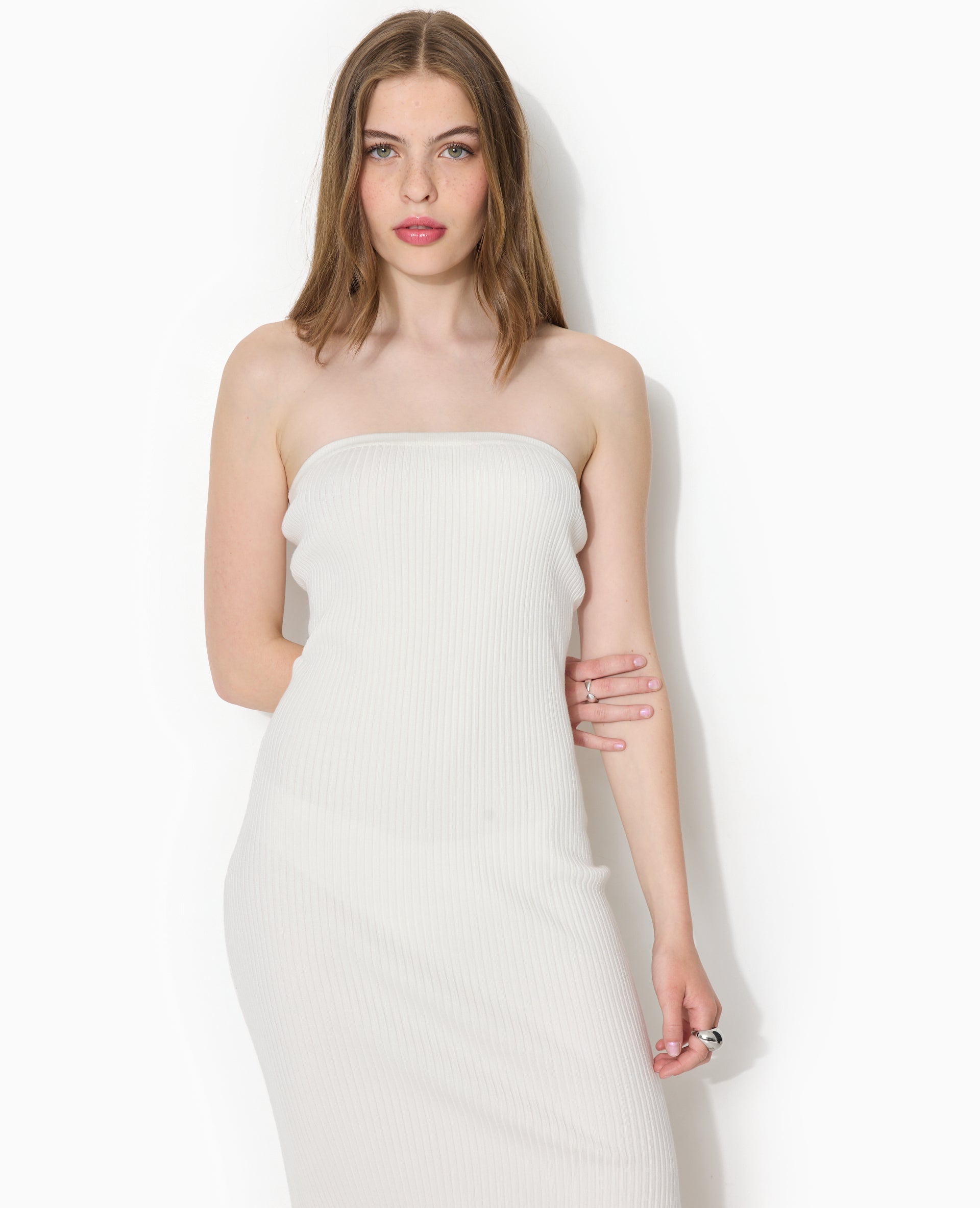 Robe longue bustier en maille côtelée