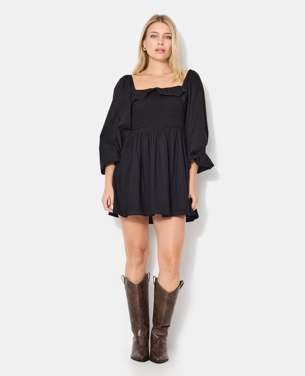 Robe courte en popeline avec manches ballons
