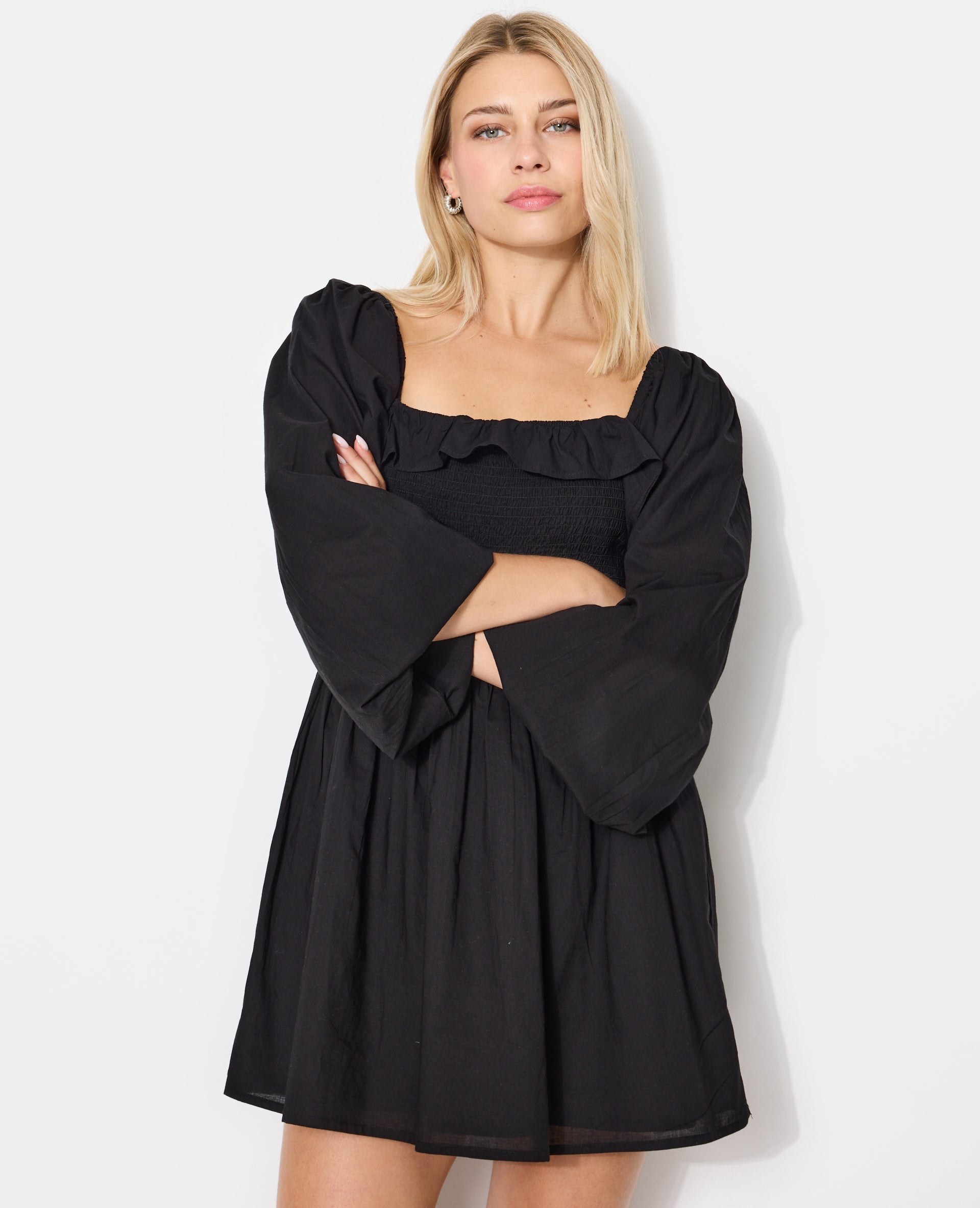 Robe courte en popeline avec manches ballons