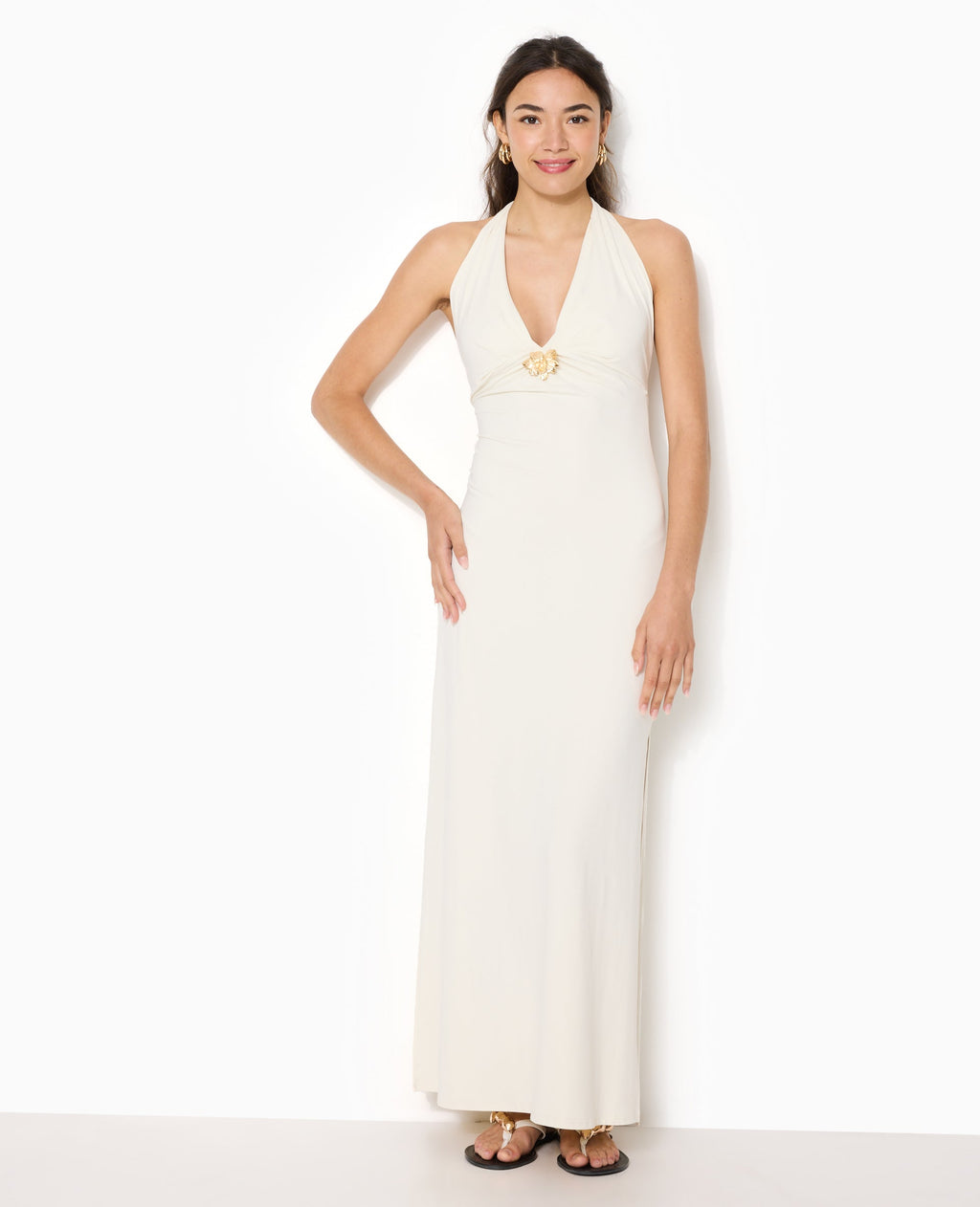 Robe longue dos-nu avec déco bijou fleur