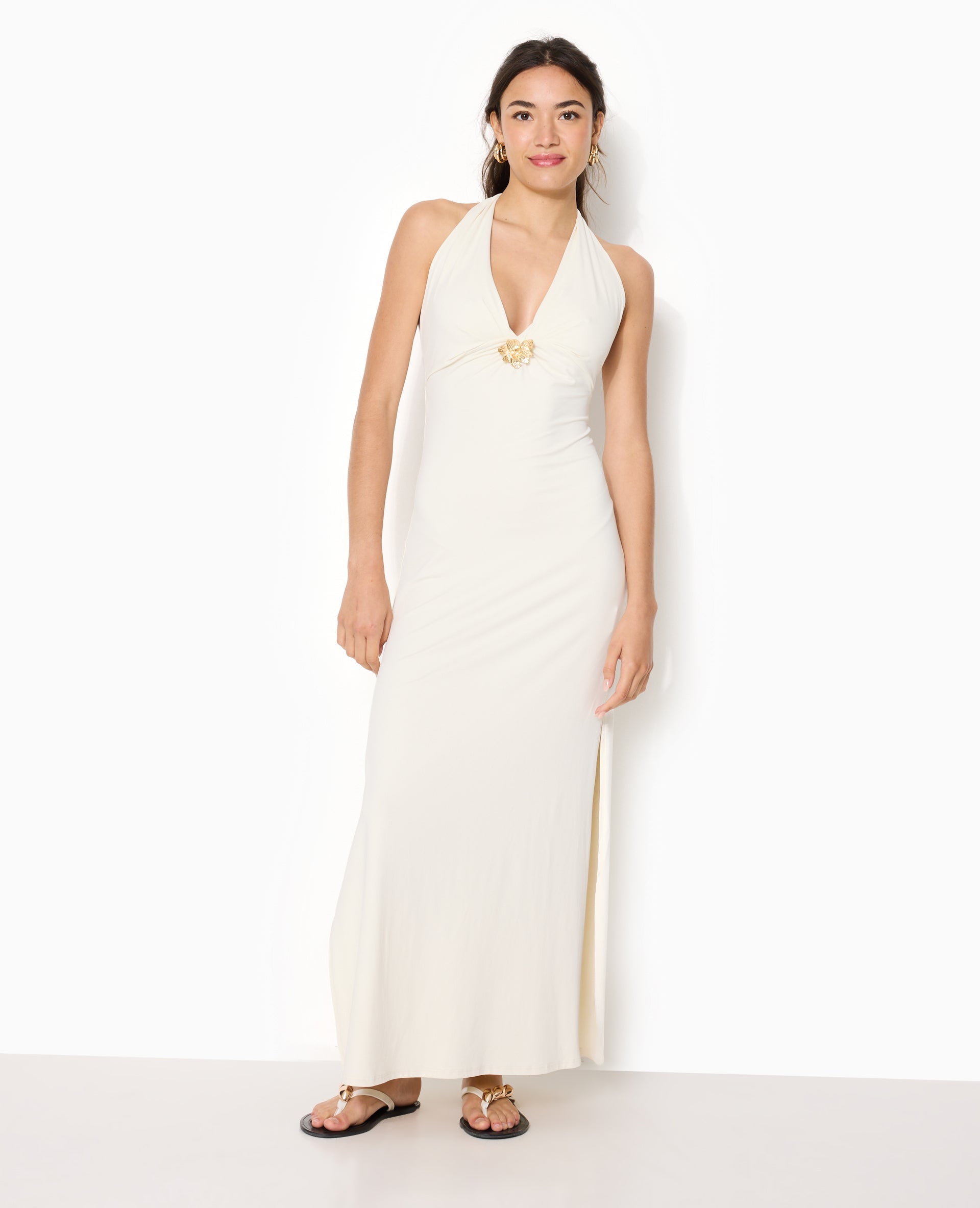 Robe longue dos-nu avec déco bijou fleur