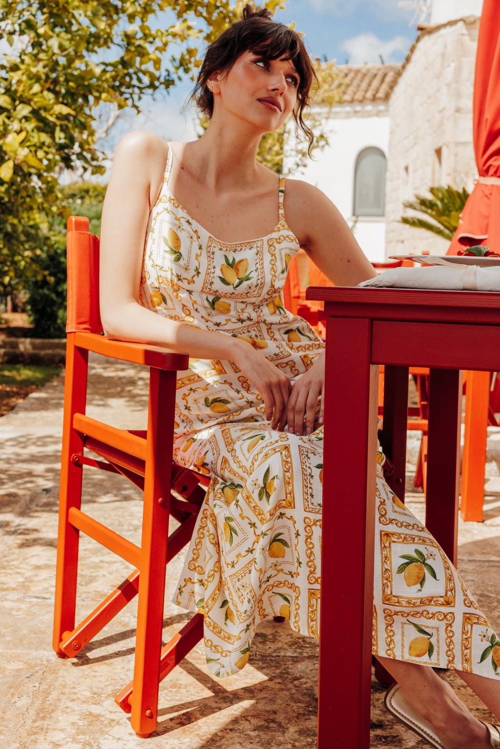 Robe longue encolure empire motif citrons