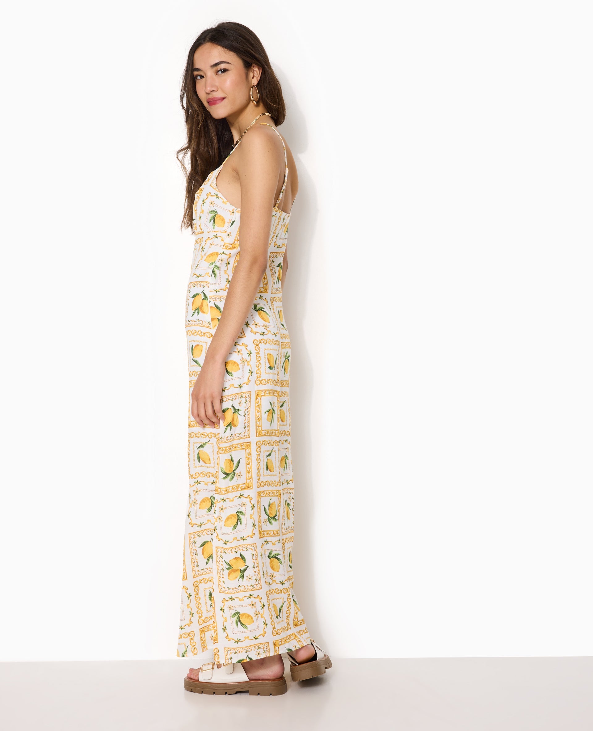 Robe longue encolure empire motif citrons