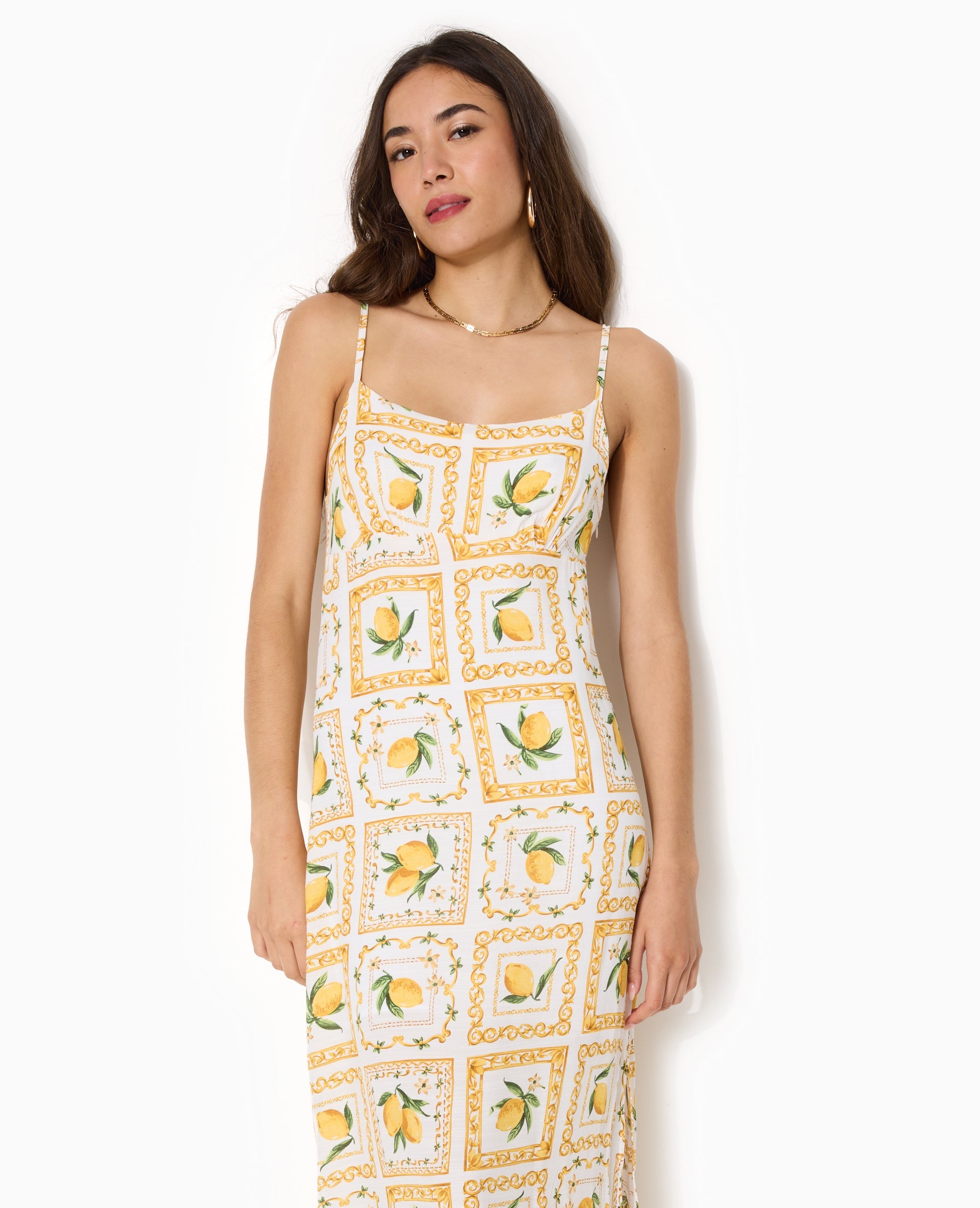 Robe longue encolure empire motif citrons