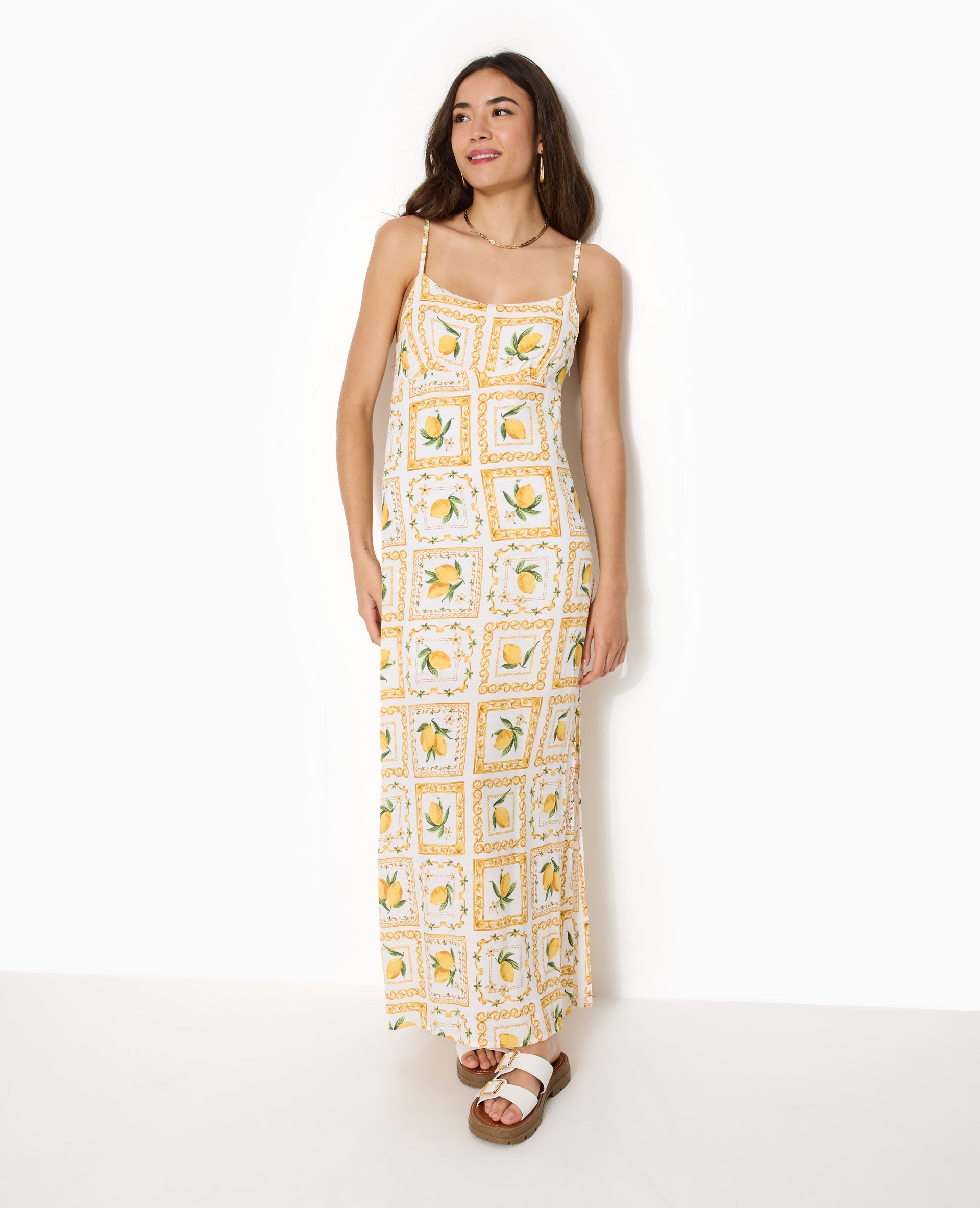 Robe longue encolure empire motif citrons