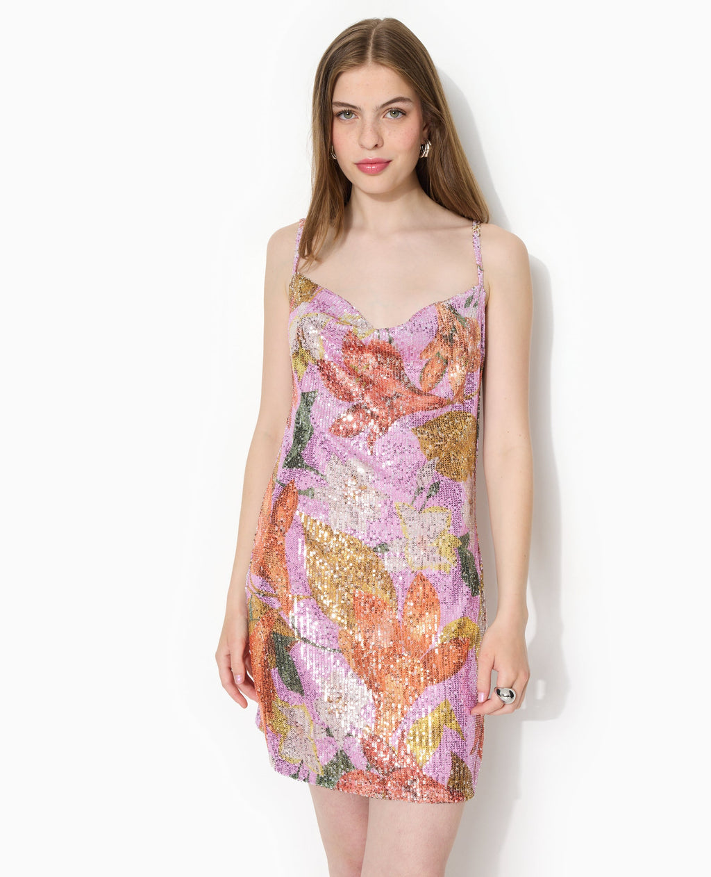 Robe courte avec sequins motifs fleurs et citrons