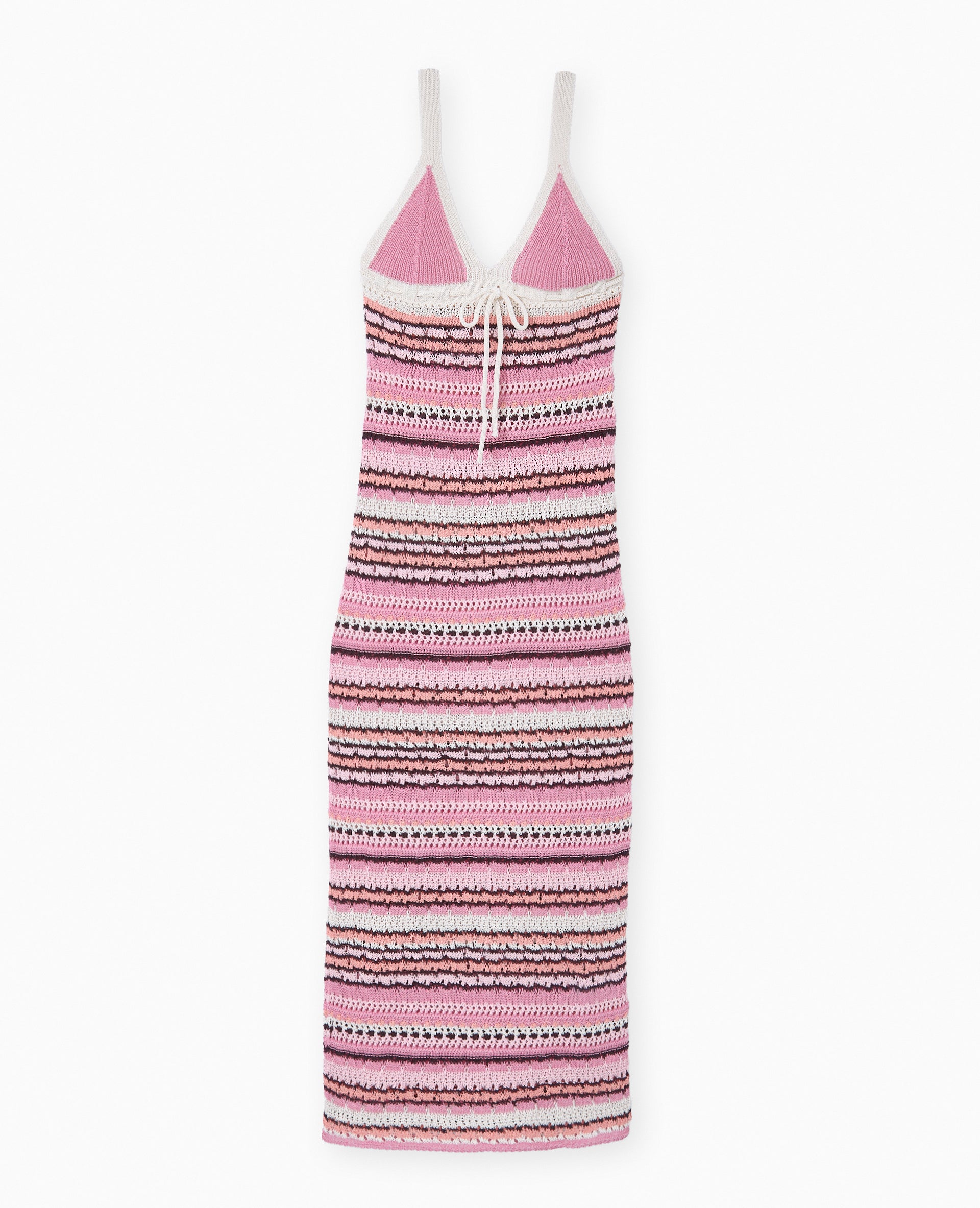 Robe longue à bretelles en maille ajourée effet rayé