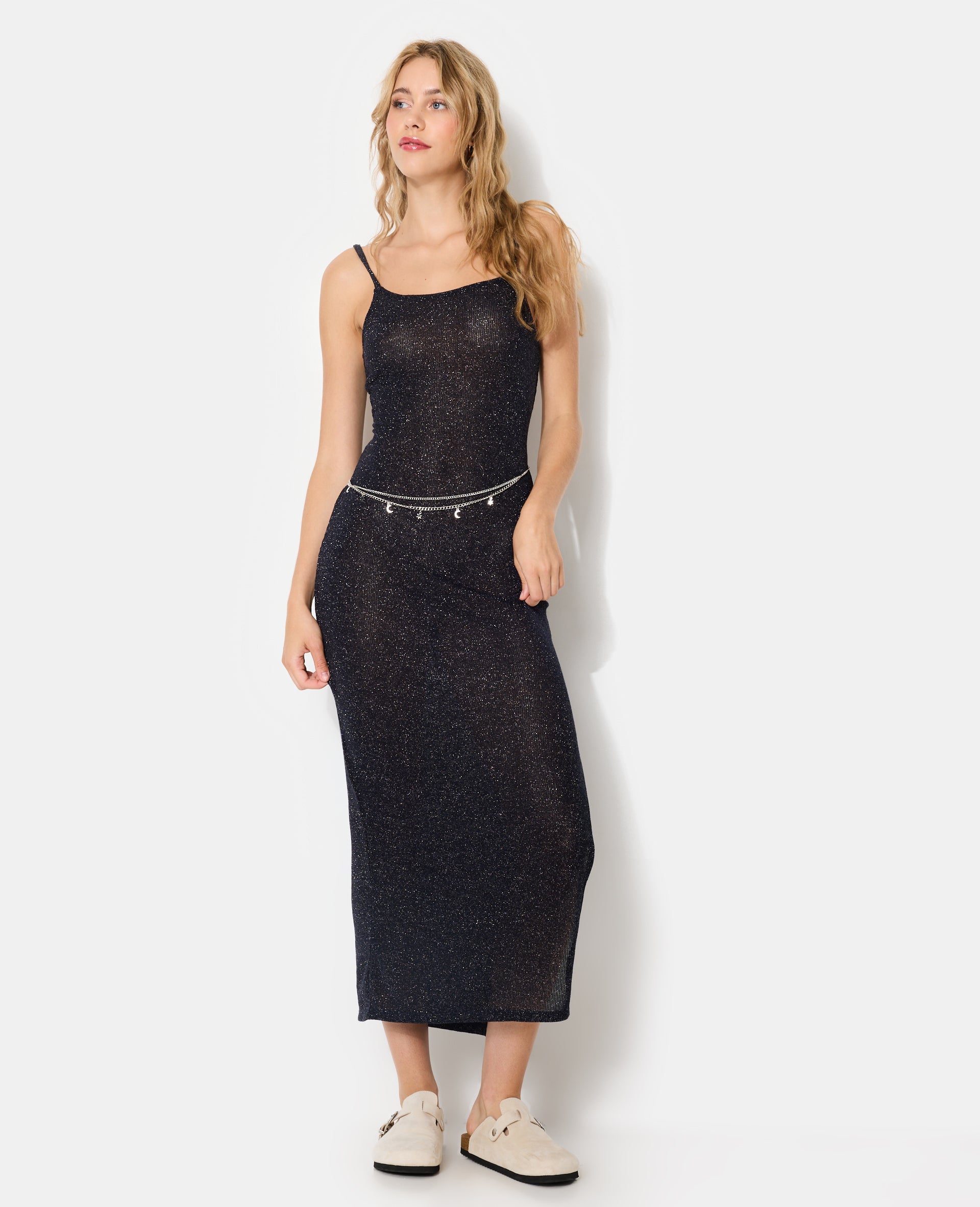 Robe longue laçage dos en maille avec fils lurex