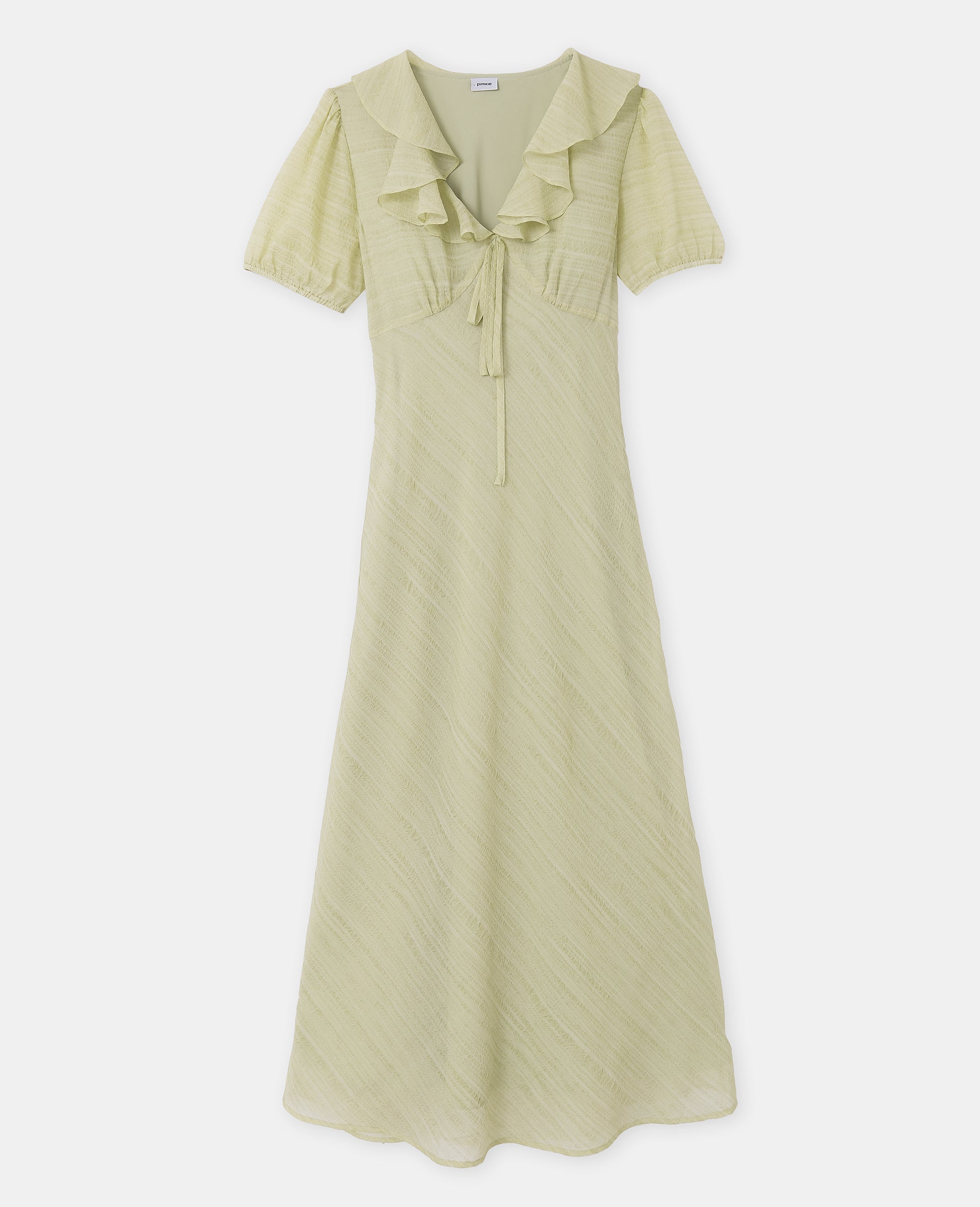 Robe longue avec col volanté et ceinture à nouer