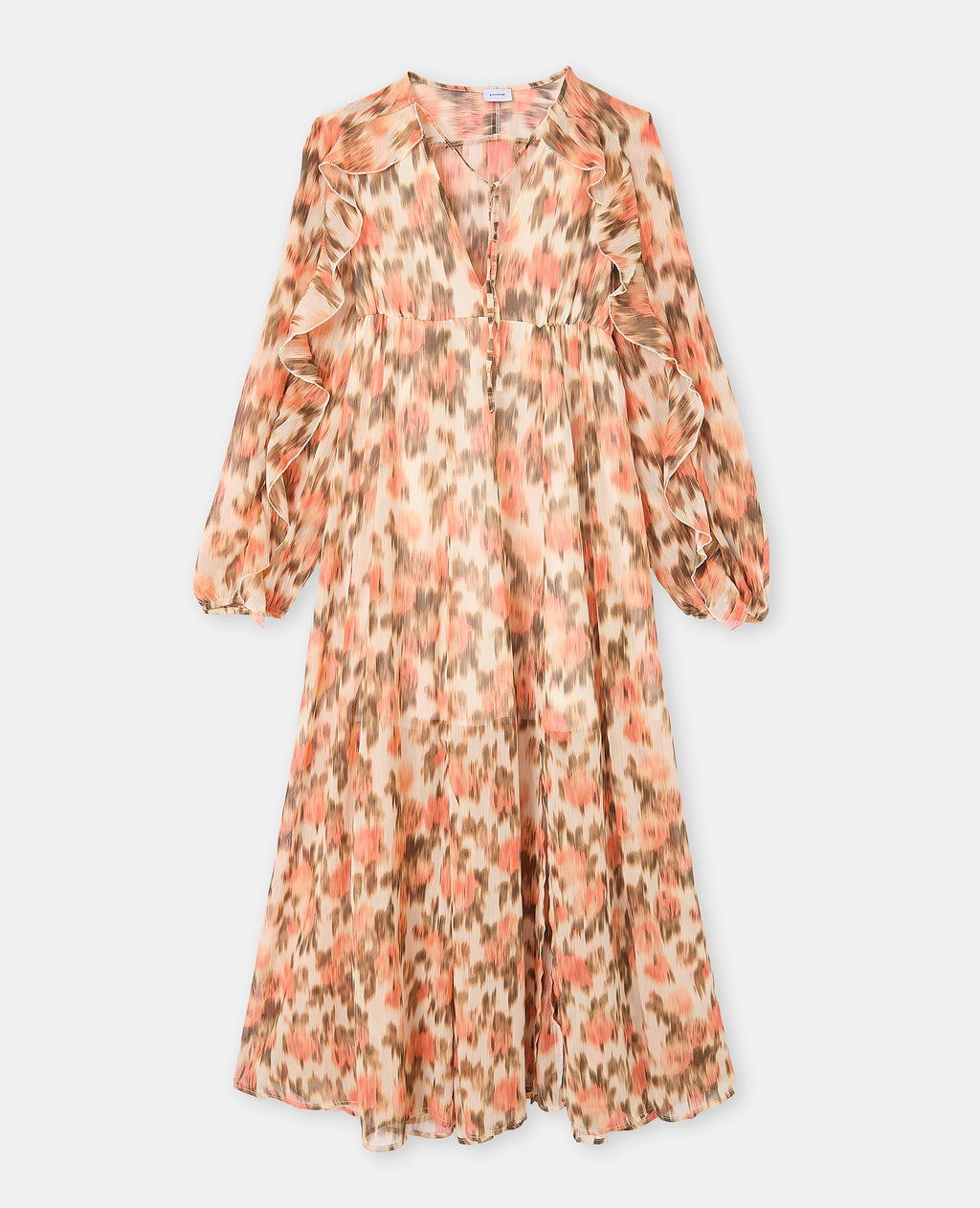Robe longue en voile avec volants motif fleurs floues