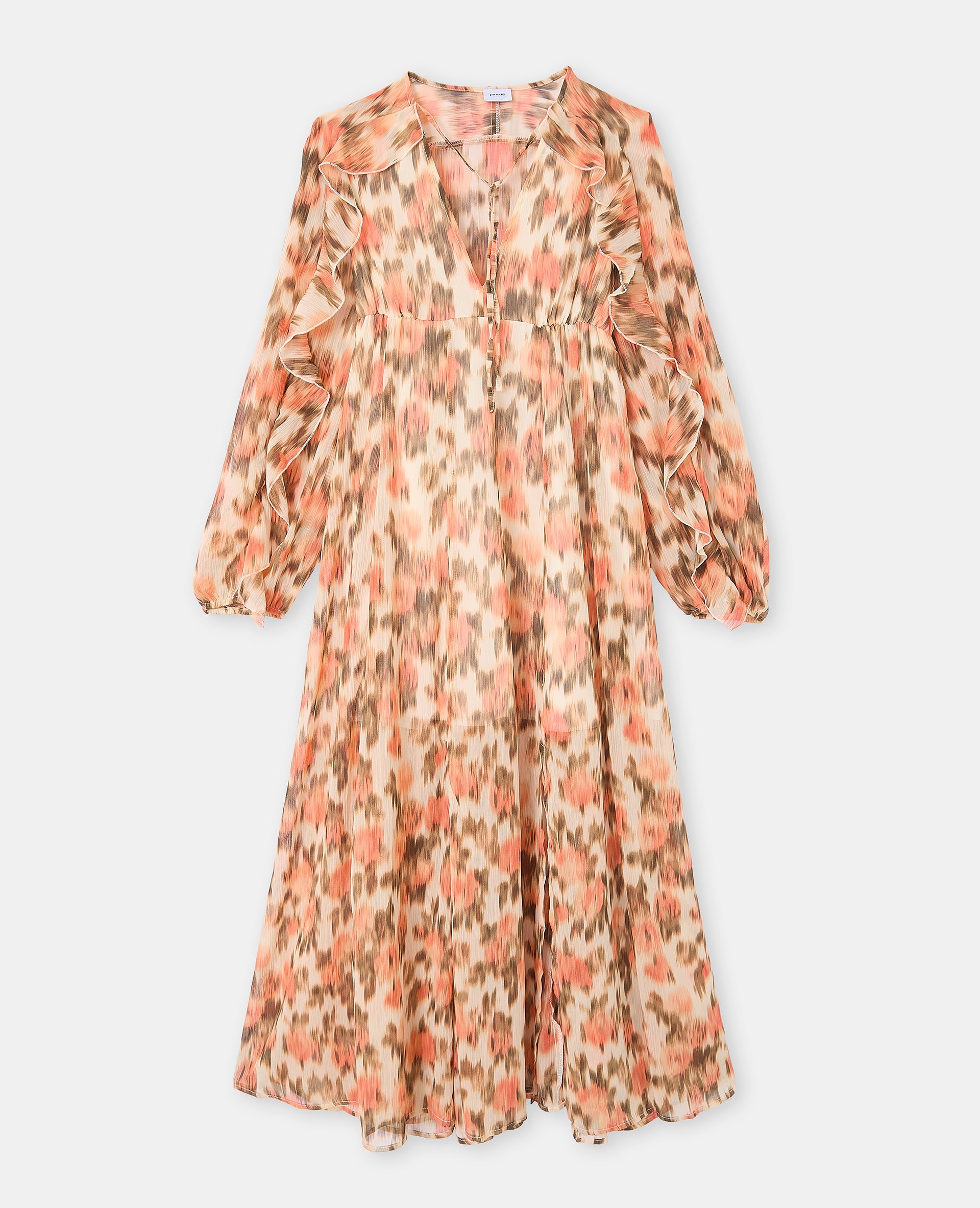 Robe longue en voile avec volants motif fleurs floues