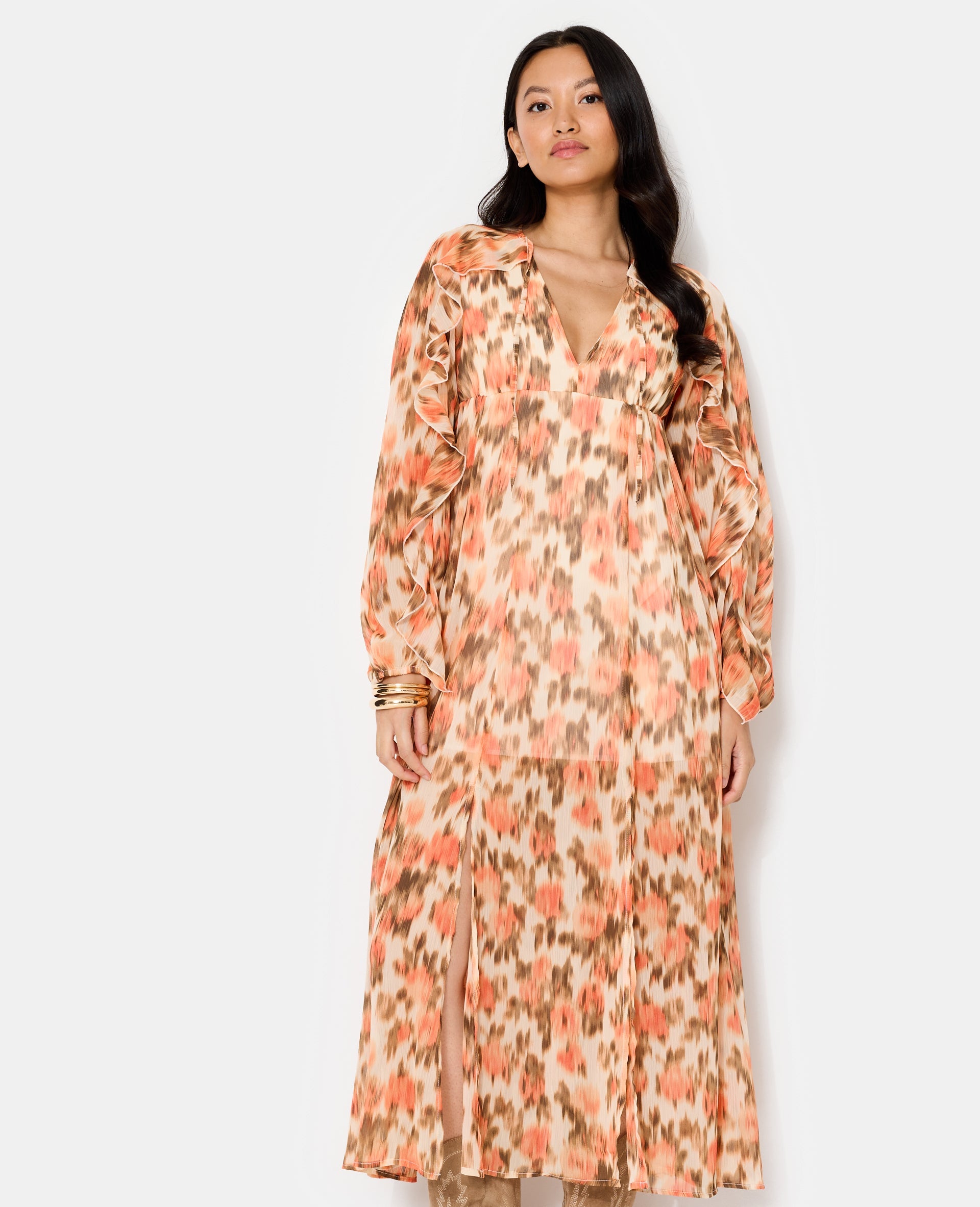 Robe longue en voile avec volants motif fleurs floues