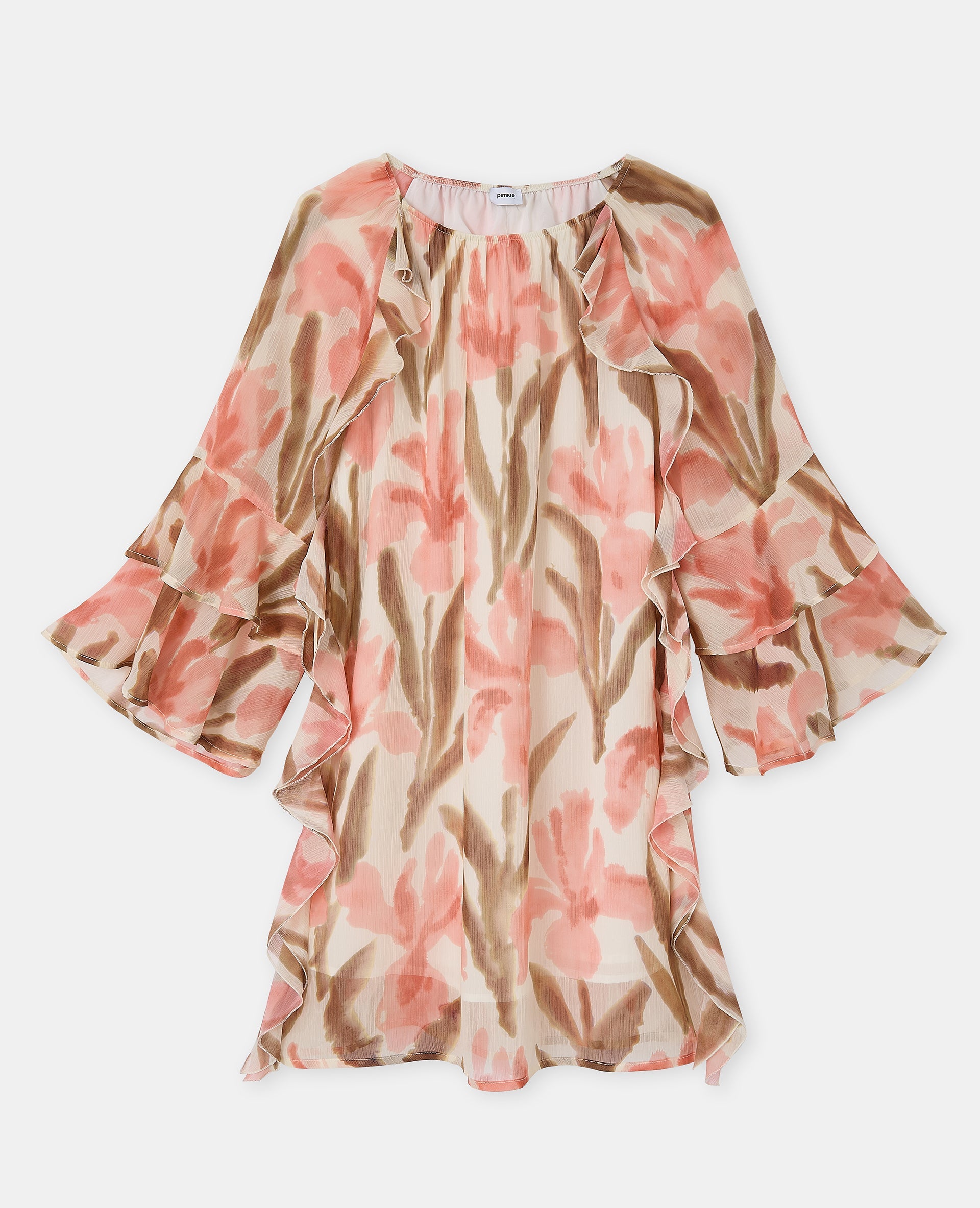 Robe courte en voile avec volants et motifs fleurs