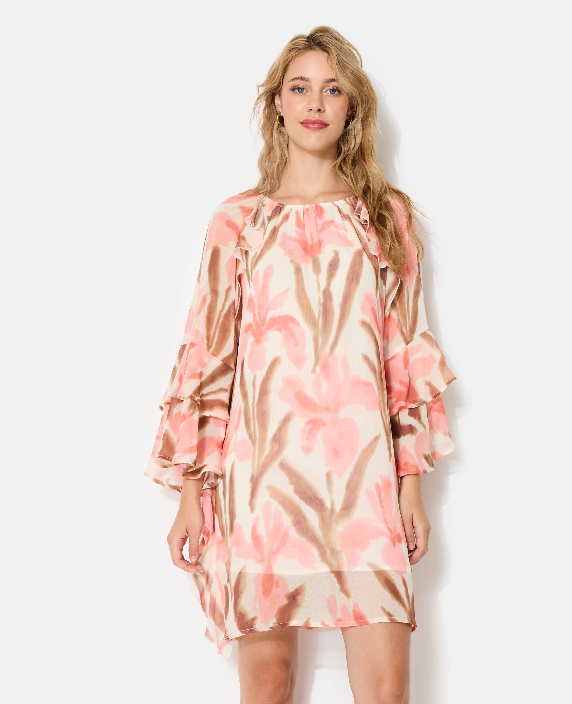 Robe courte en voile avec volants et motifs fleurs