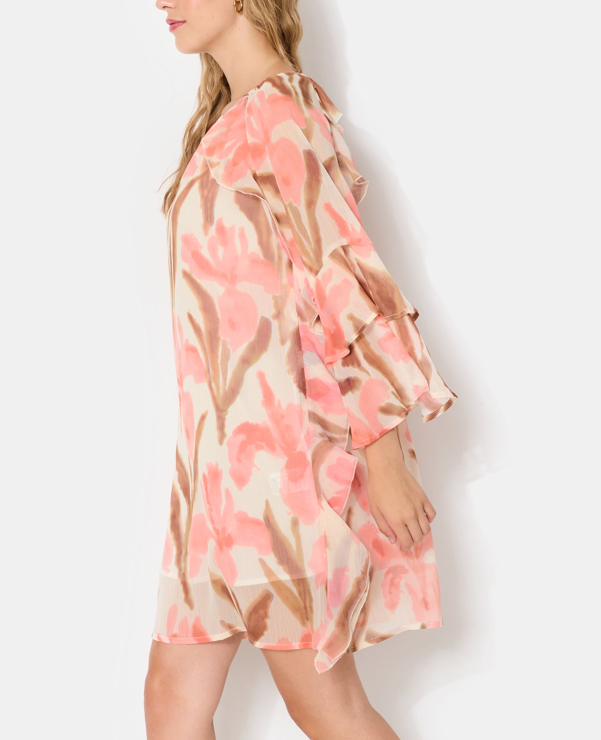 Robe courte en voile avec volants et motifs fleurs