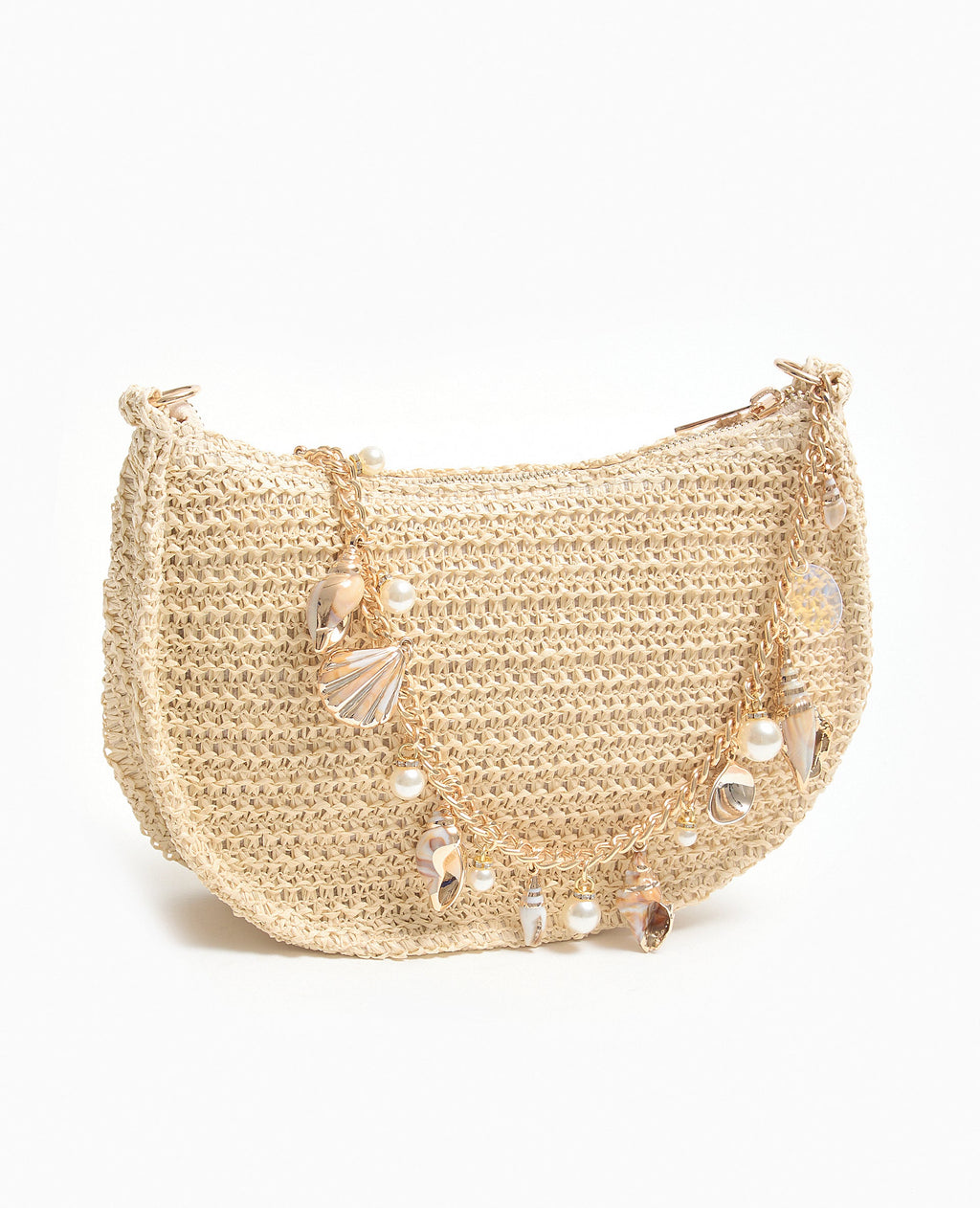 Sac en raphia avec bandoulière chaîne et coquillages